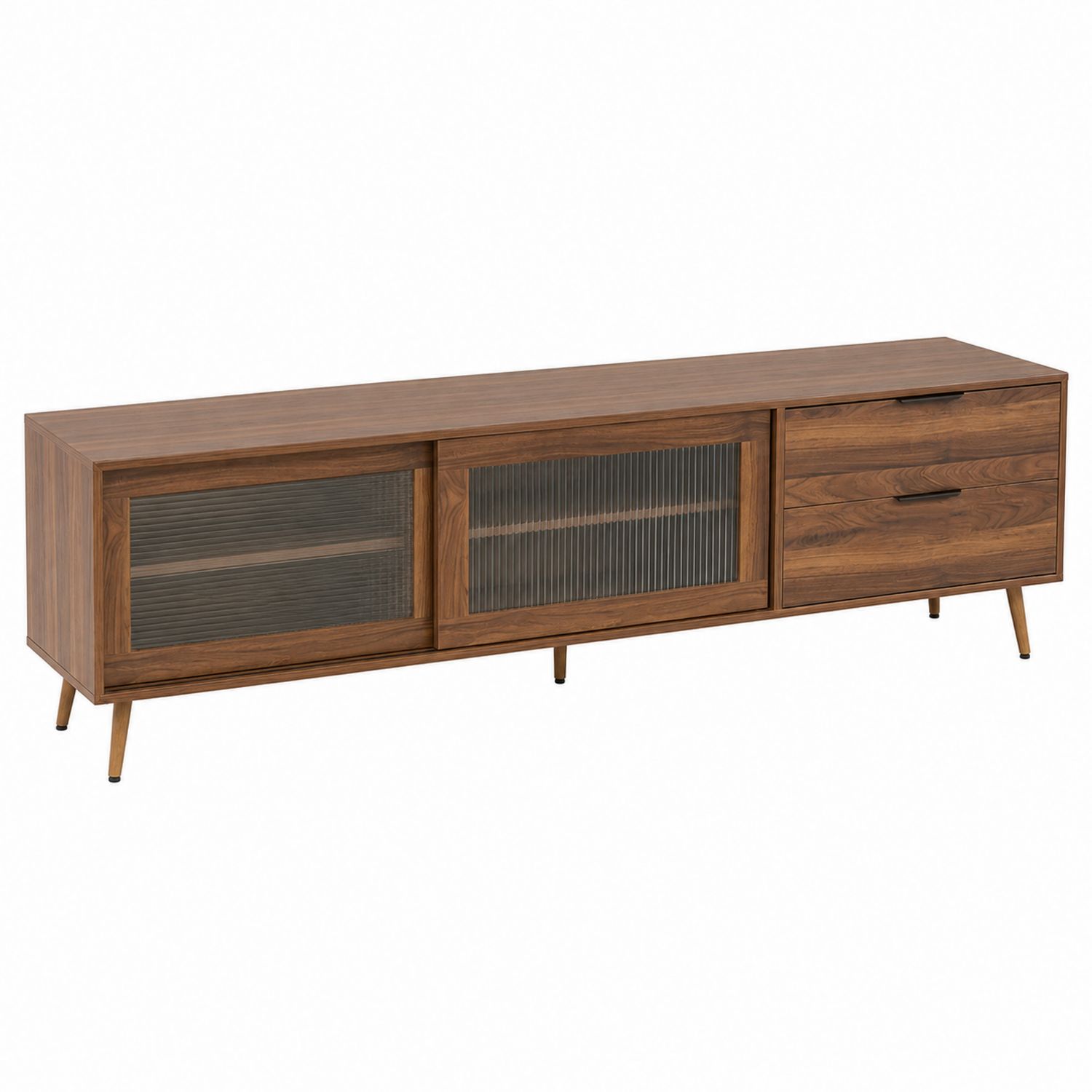 Mueble de TV de madera con puertas de vidrio acanalado y gavetas 180x40x55 cm-Mavtrivarion