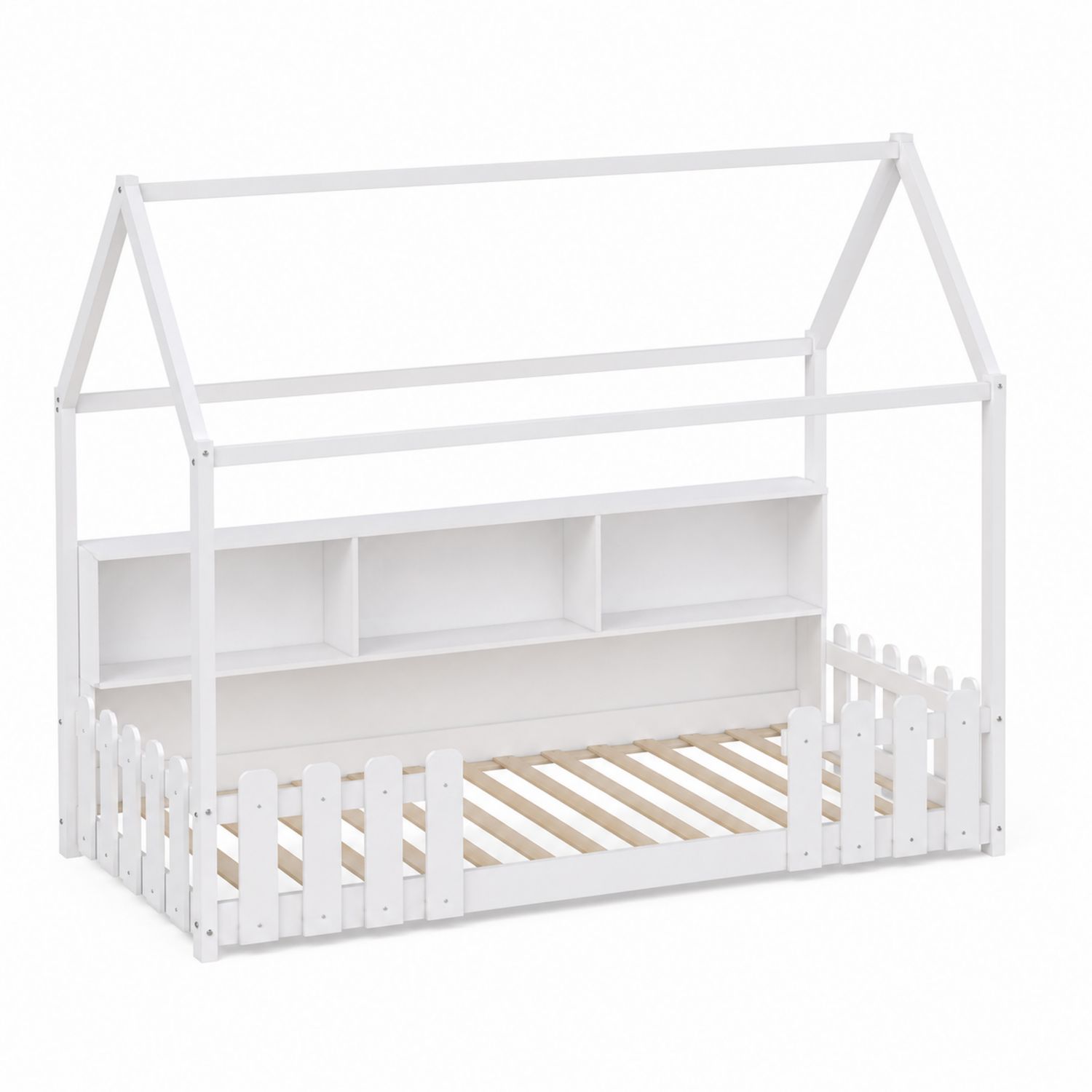 Cama infantil de madera con valla y estantes, color Blanco, 200x90 cm-Mavtrivarion