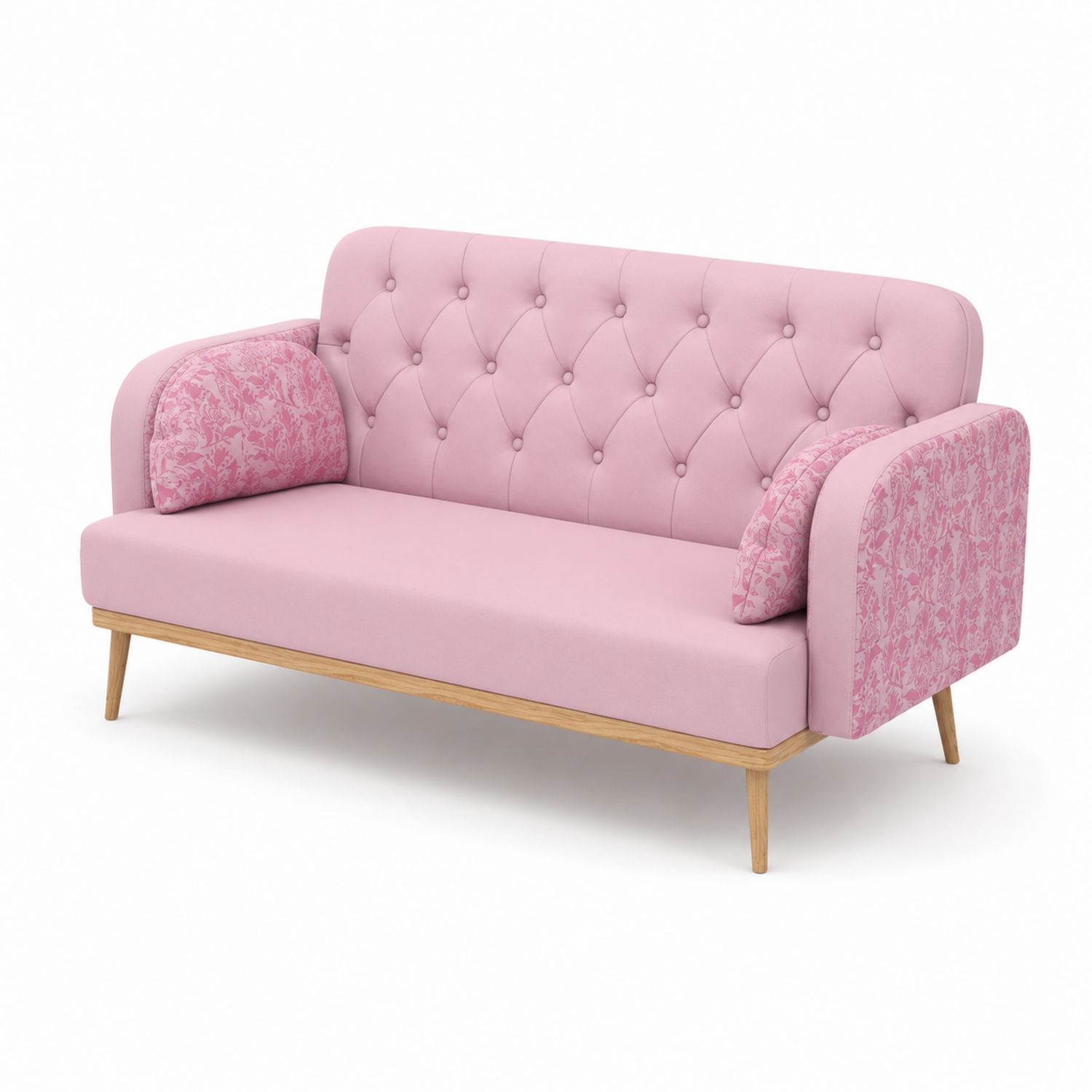 Sofá de 3 plazas con tapizado rosa y patas de madera de roble-Mavtrivarion