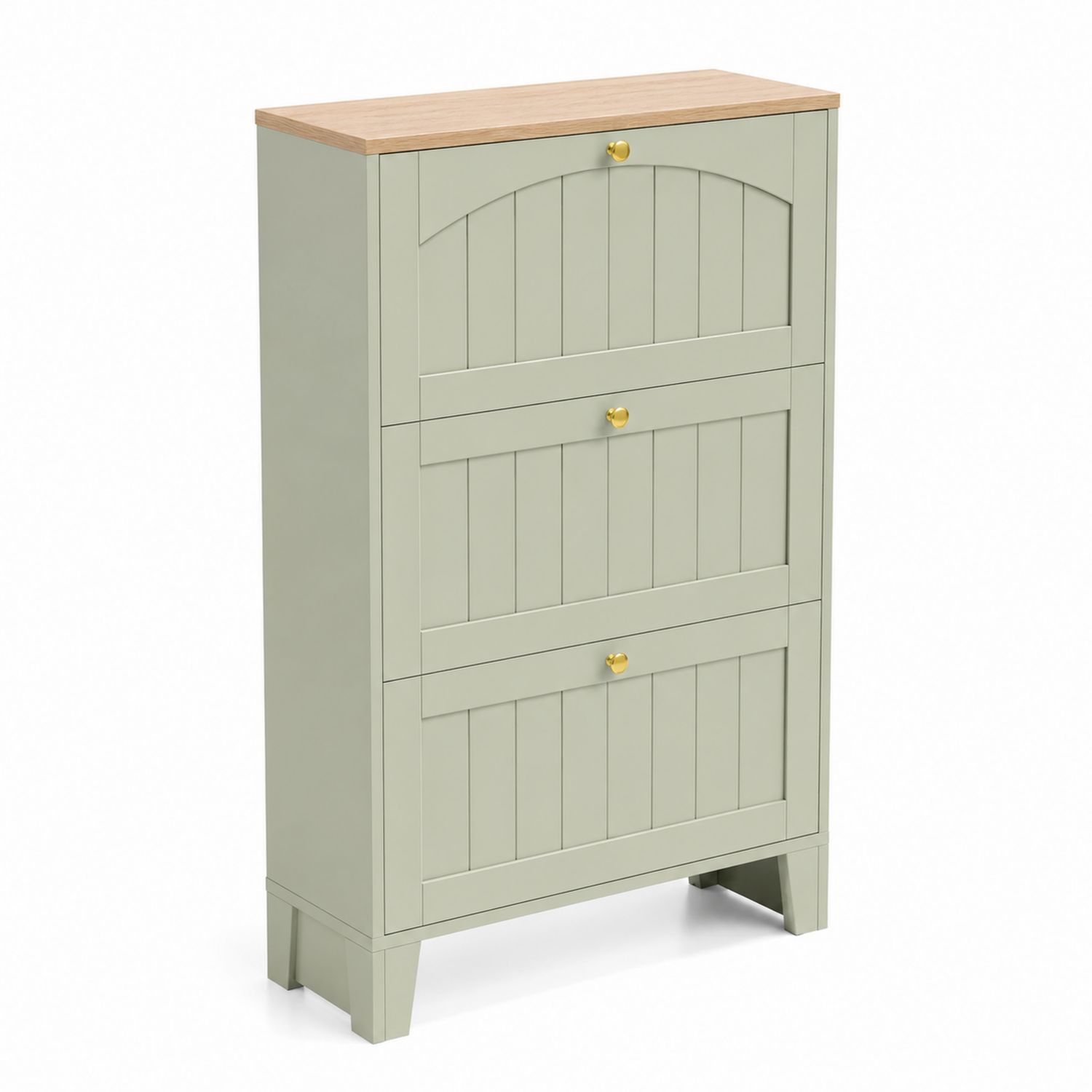 Zapatero de Madera Verde con Tapa de Roble y 3 Puertas Abatibles-Mavtrivarion