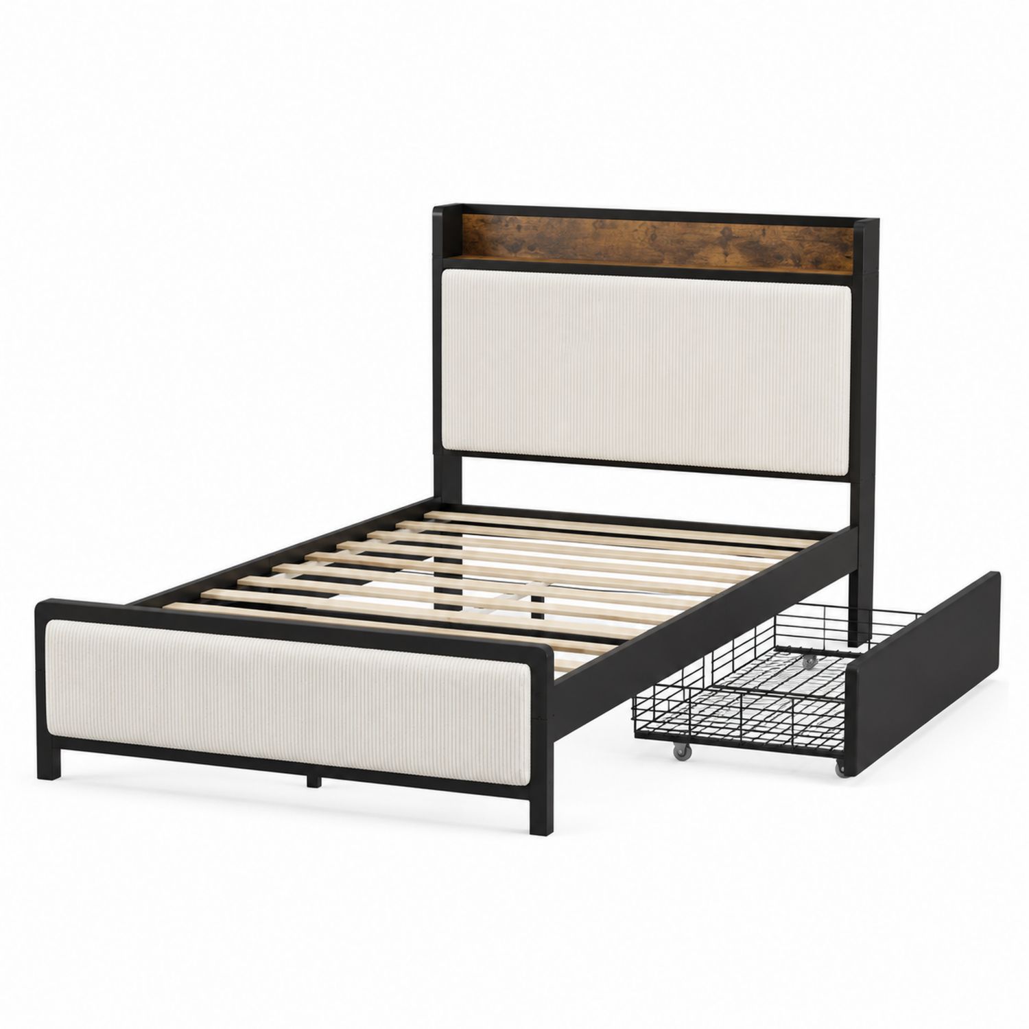 Cama individual con estructura de metal negro y cabecero de tela beige-Mavtrivarion