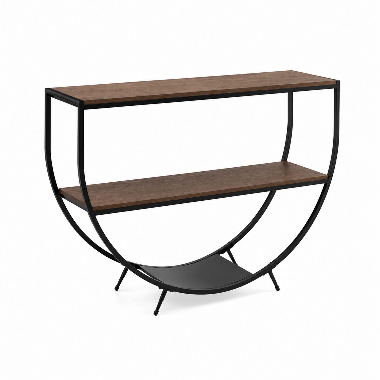 Mesa consola semicircular de metal negro con estantes de madera-Mavtrivarion