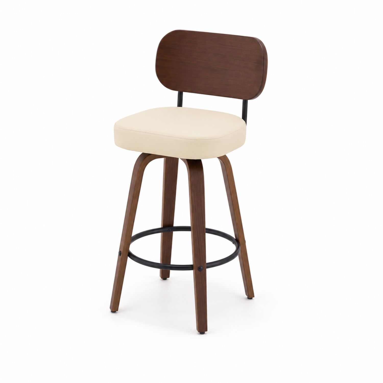 Taburete de Madera y Cuero Sintético Beige con Respaldo-Mavtrivarion