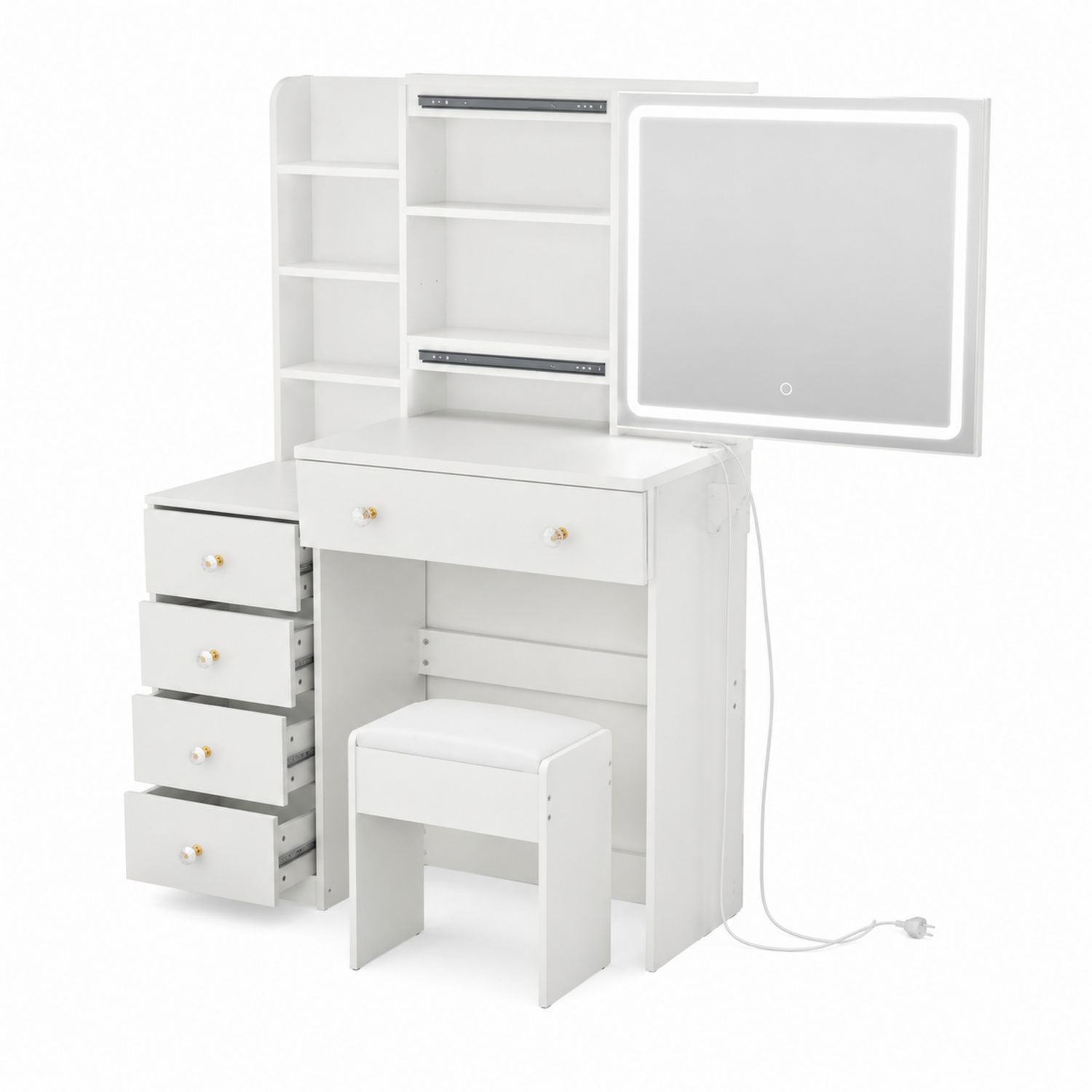 Tocador de Madera con Espejo LED y Taburete Blanco-Mavtrivarion