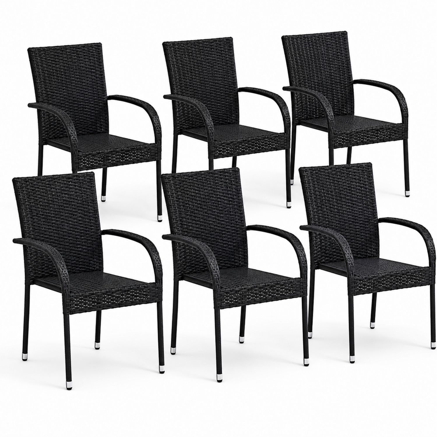 Conjunto de 6 sillas de ratán PE negro con estructura de acero-Mavtrivarion