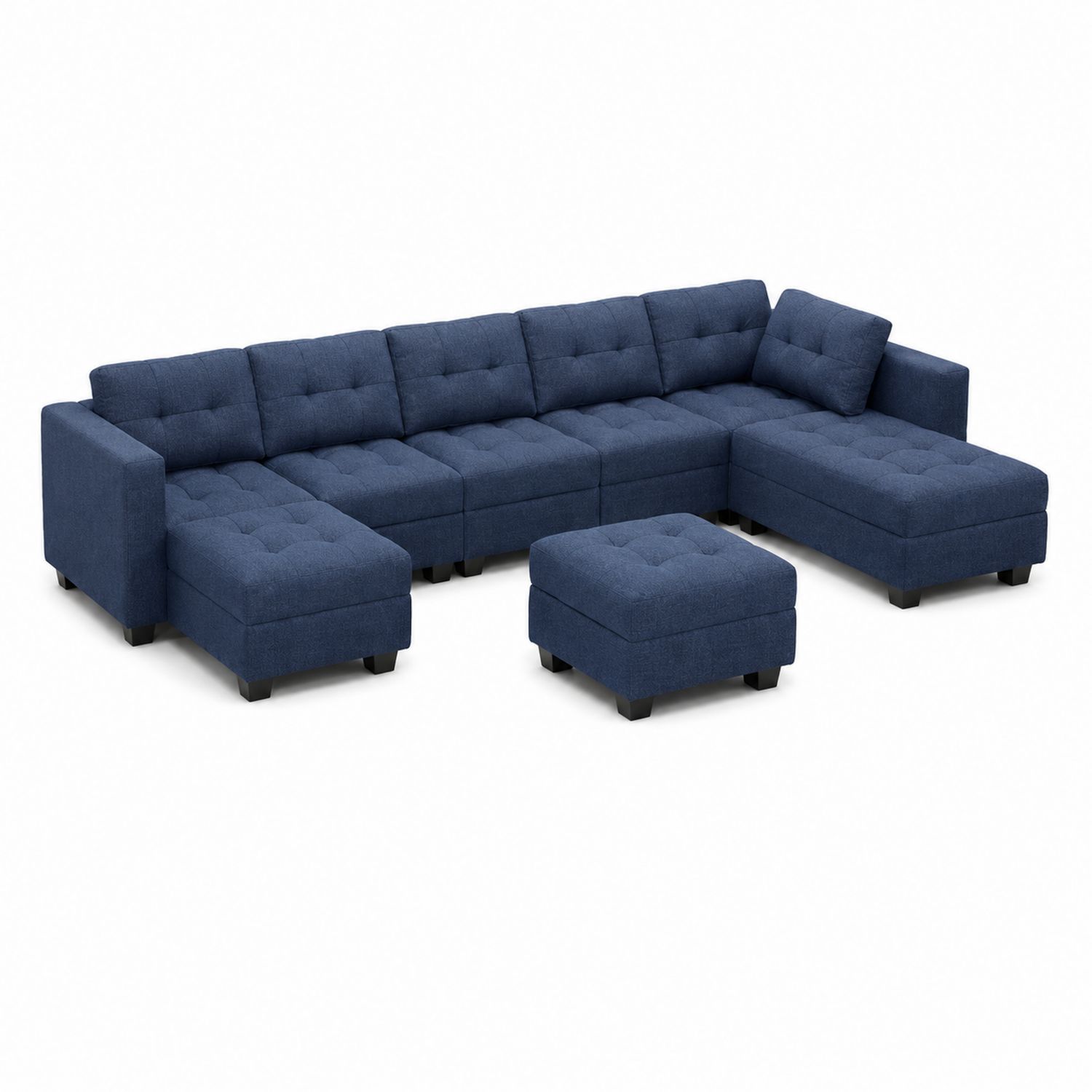 Sofá seccional en L de tela azul con chaise longue y otomana-Mavtrivarion