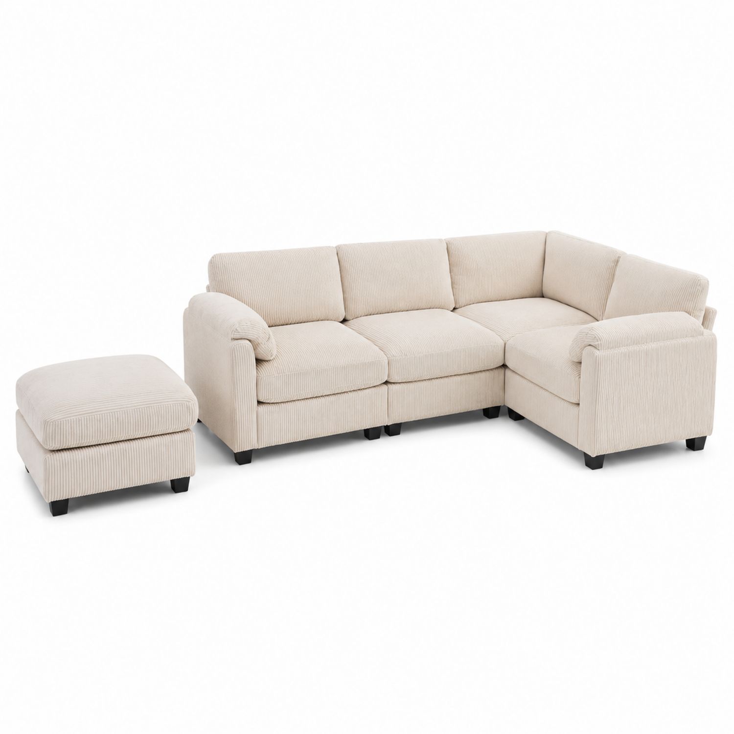 Sofá Seccional en L de Tela de Corderoy Beige con Puf-Mavtrivarion