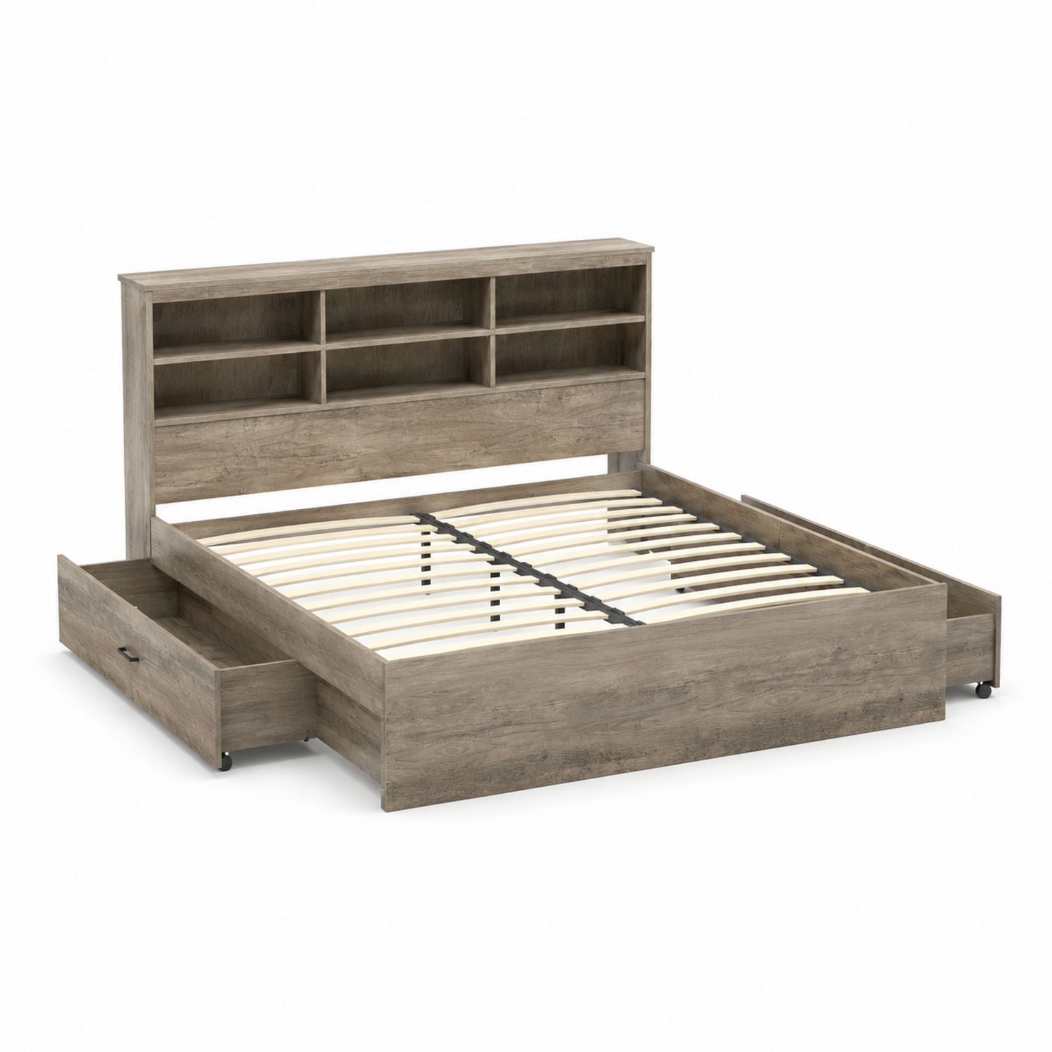 Cama doble de madera de roble con almacenamiento y estantes 200x160 cm-Mavtrivarion