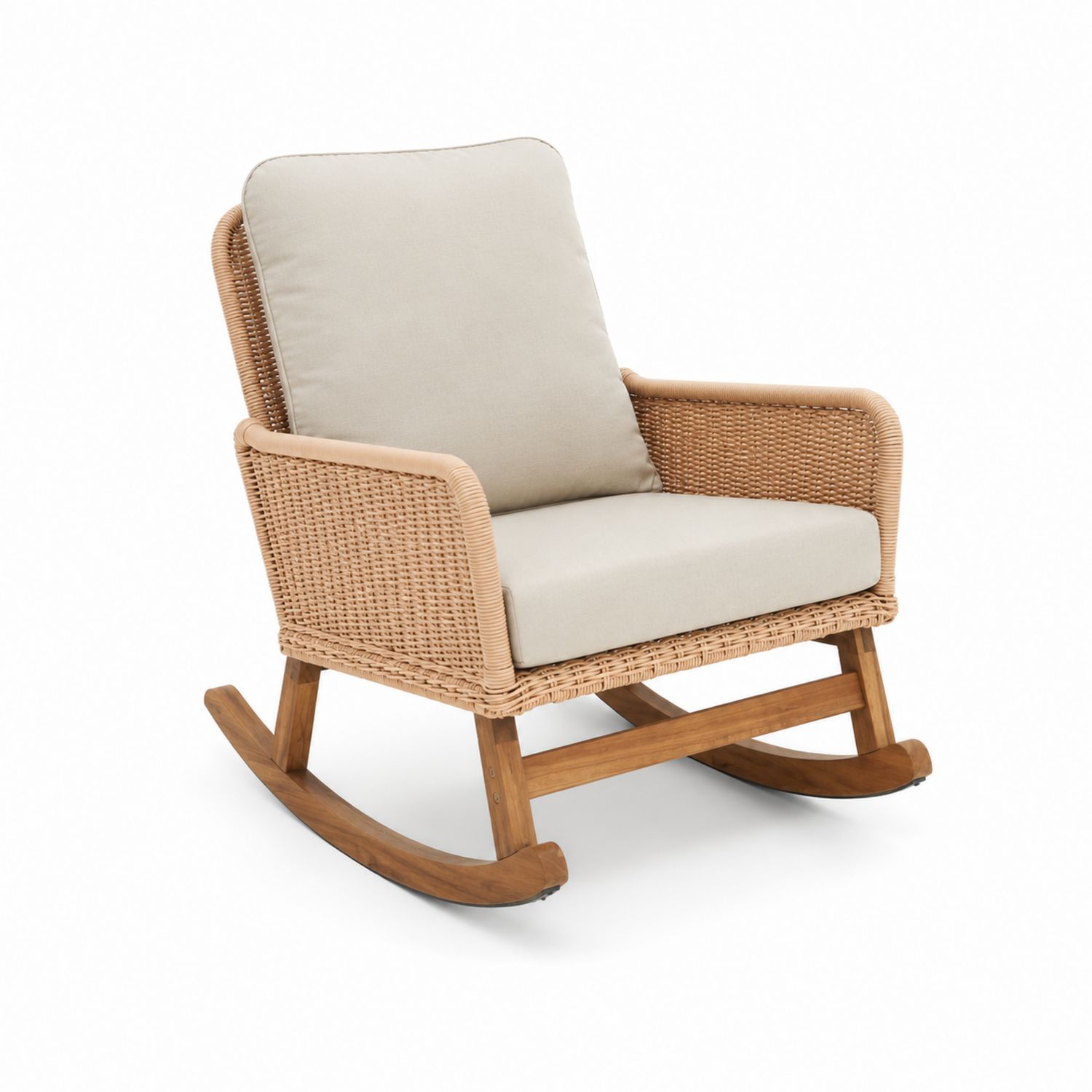Silla mecedora de ratán sintético y madera con cojines beige-Mavtrivarion