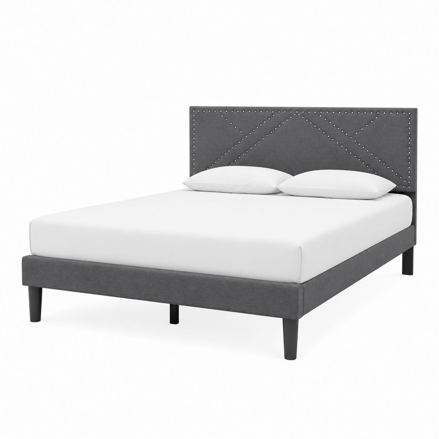 Cama doble tapizada en poliéster gris con cabecera tachonada-Mavtrivarion
