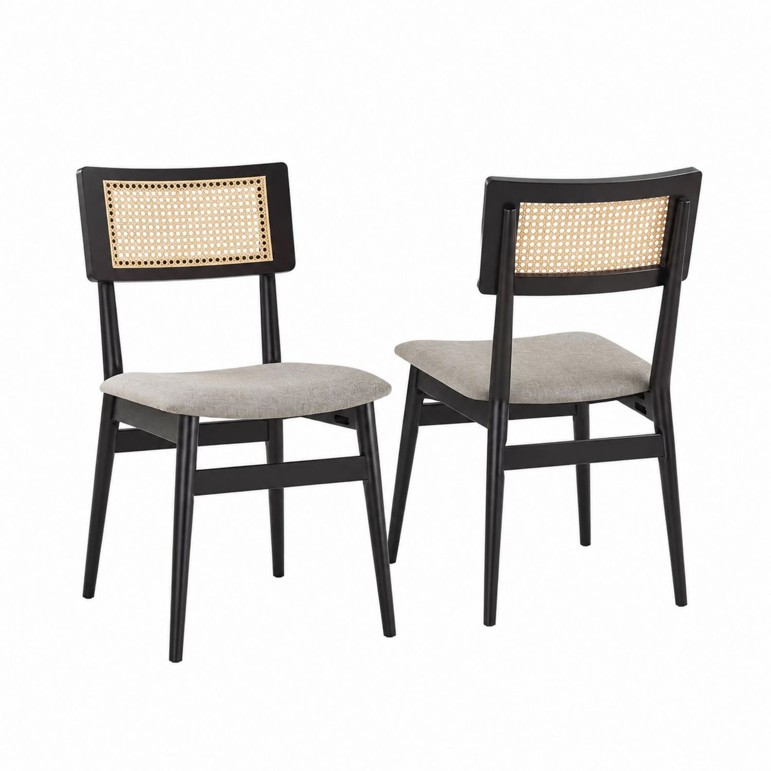 Set de 2 sillas de comedor de madera con asiento de lino y respaldo de ratán