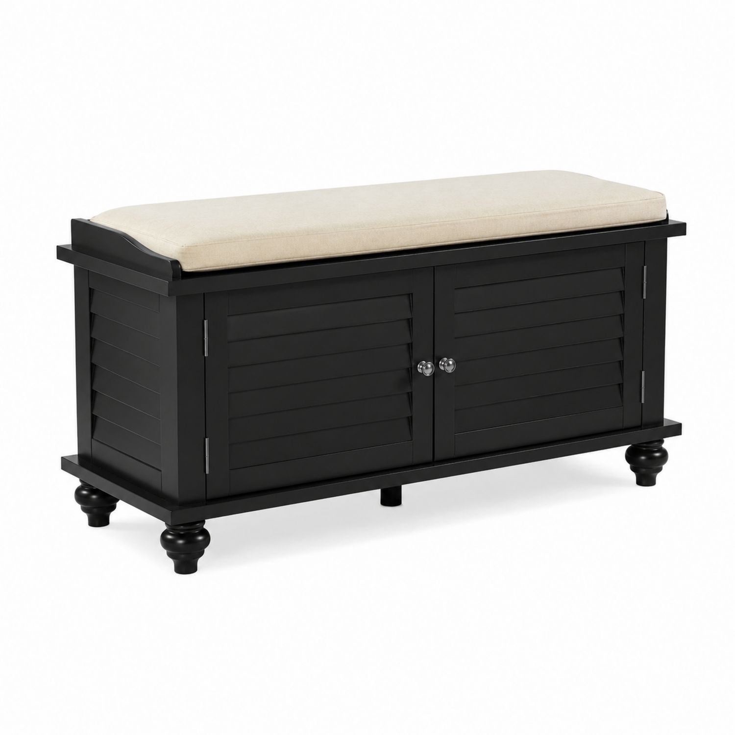Banco de madera con cojín de tela beige