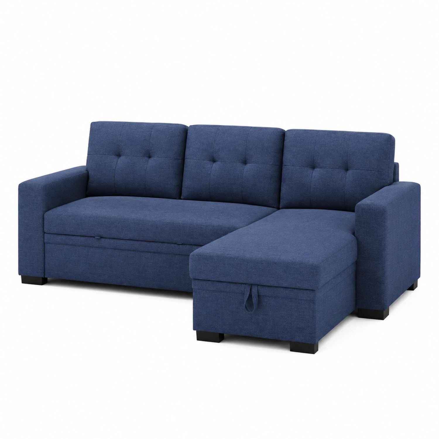 Sofá seccional en forma de L de tela azul con chaise longue