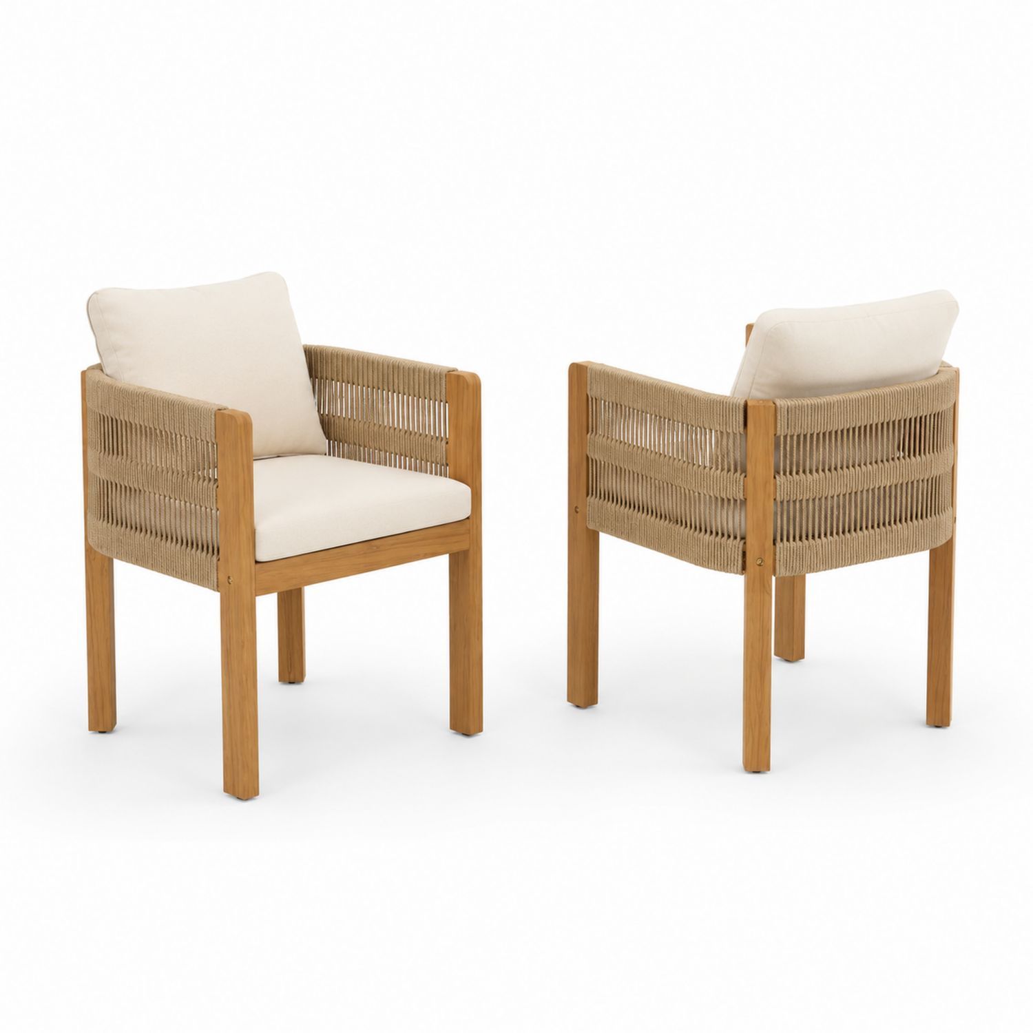Conjunto de 2 sillas de teca y cuerda beige para exterior