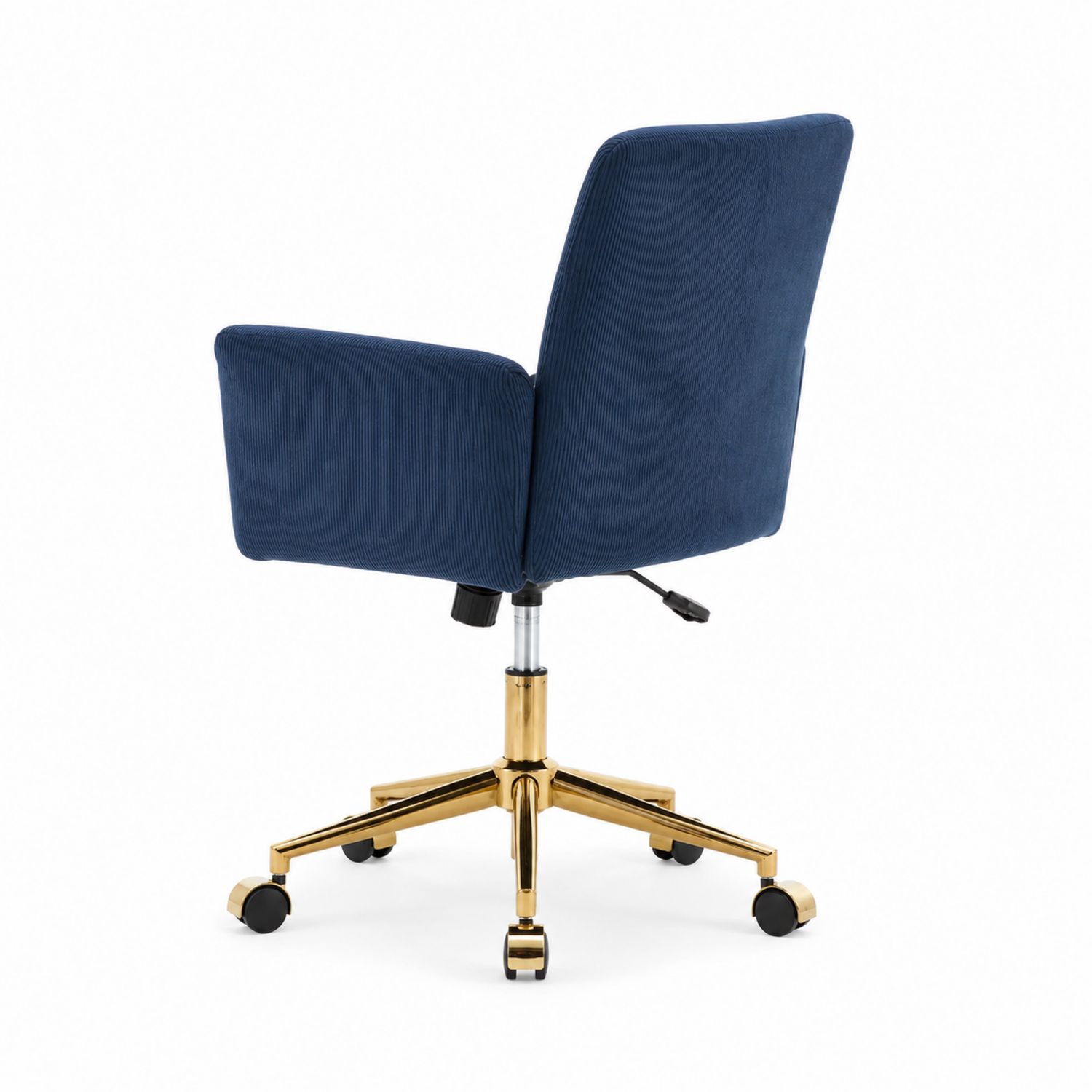 Silla giratoria de pana azul con base de metal dorado