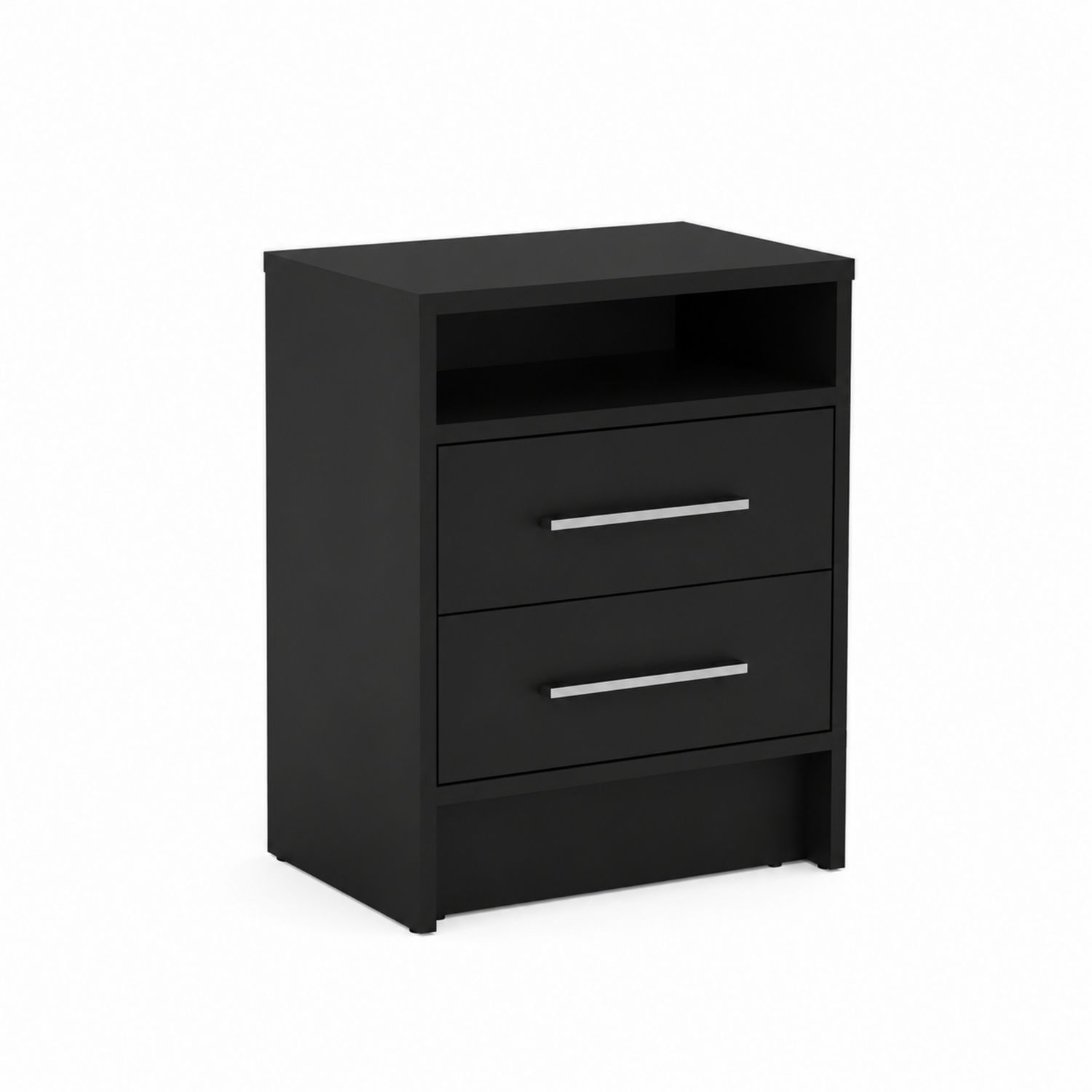 Mesa de noche de madera negra con 2 cajones y compartimento abierto