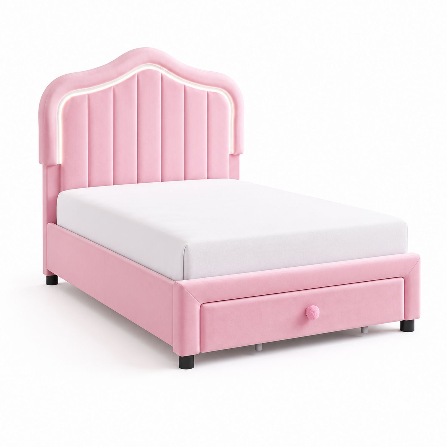 Cama infantil de terciopelo rosa con cabecero curvo y cajón, 200x90 cm