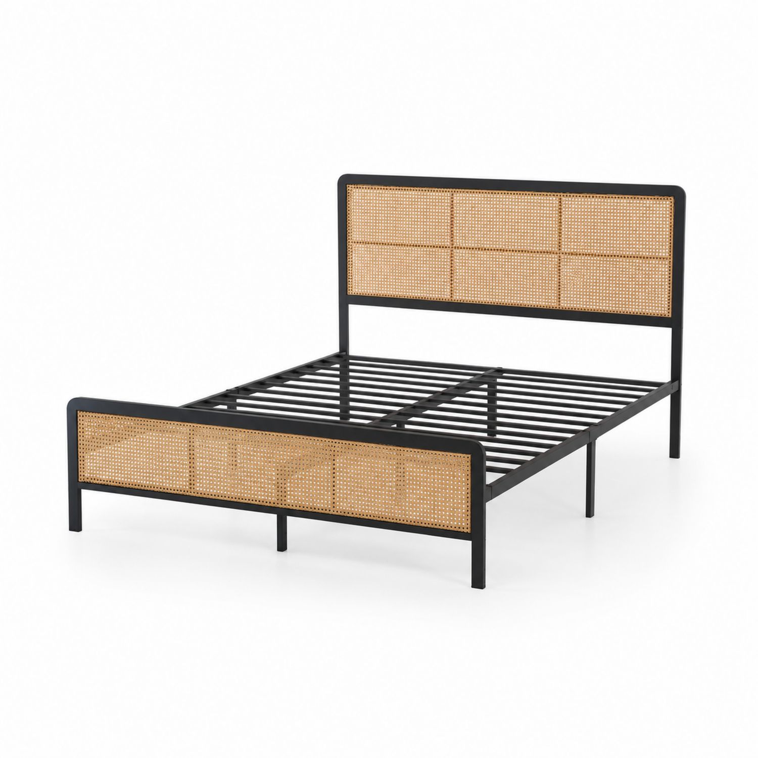 Cama doble de metal negro y ratán natural 200 cm x 150 cm