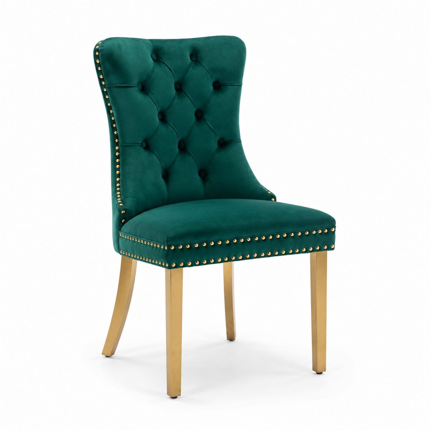 Silla de comedor de terciopelo verde con patas de metal dorado