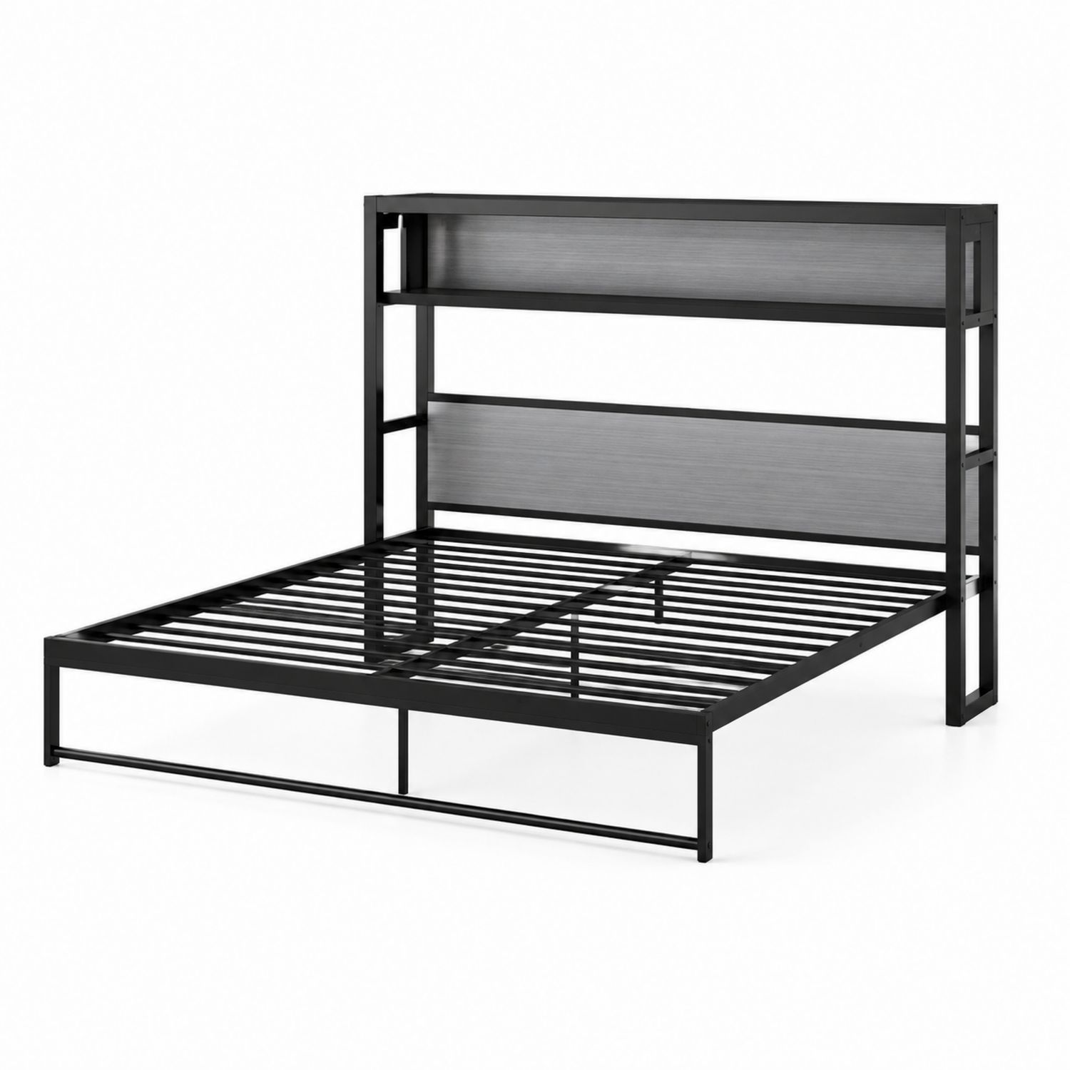 Cama de metal negra con cabecero y estantes 200x150x100 cm
