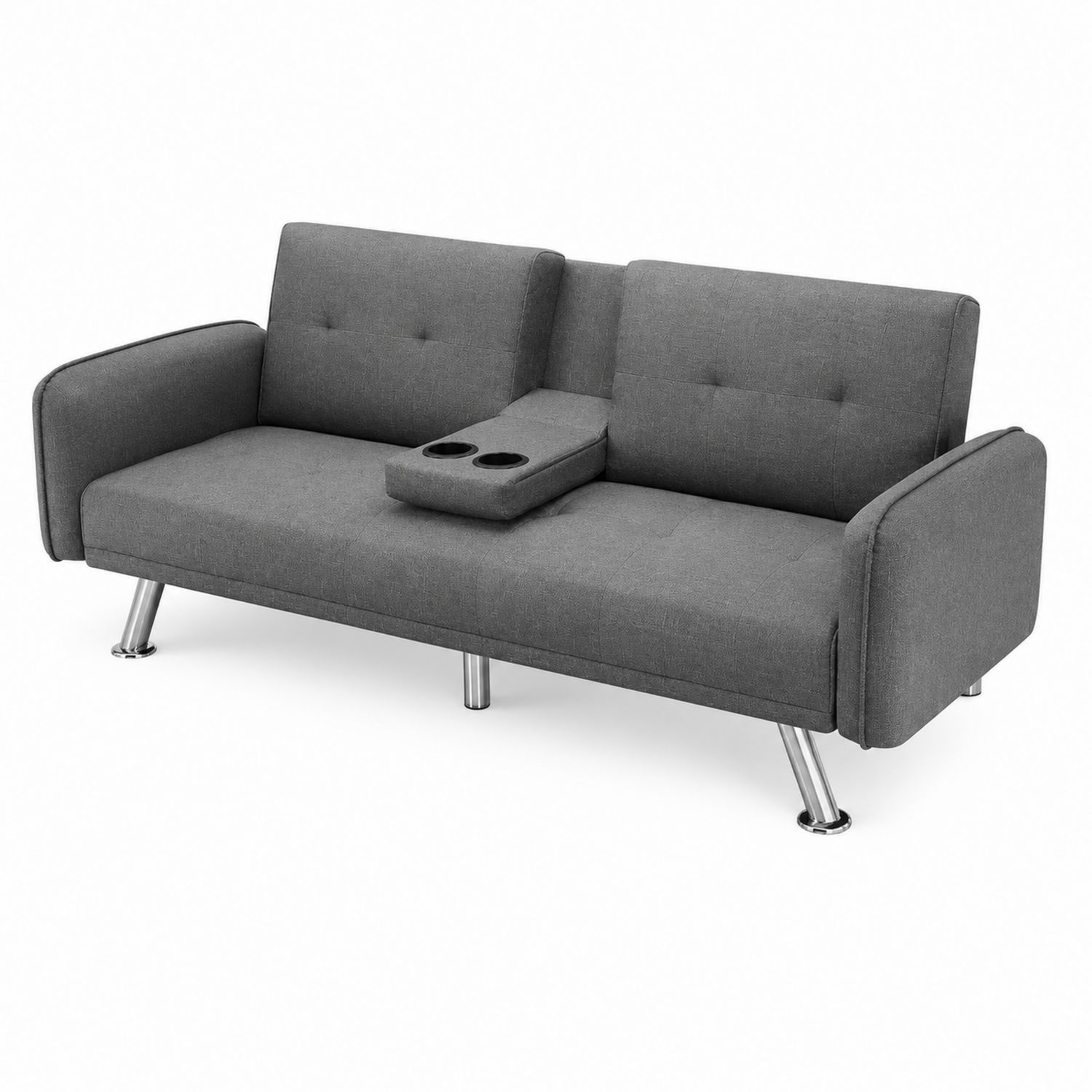Sofá cama de tela y acero inoxidable con portavasos