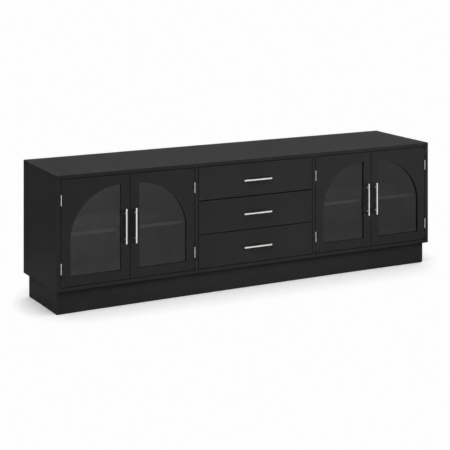 Mueble de TV negro con puertas de vidrio templado y tiradores de acero
