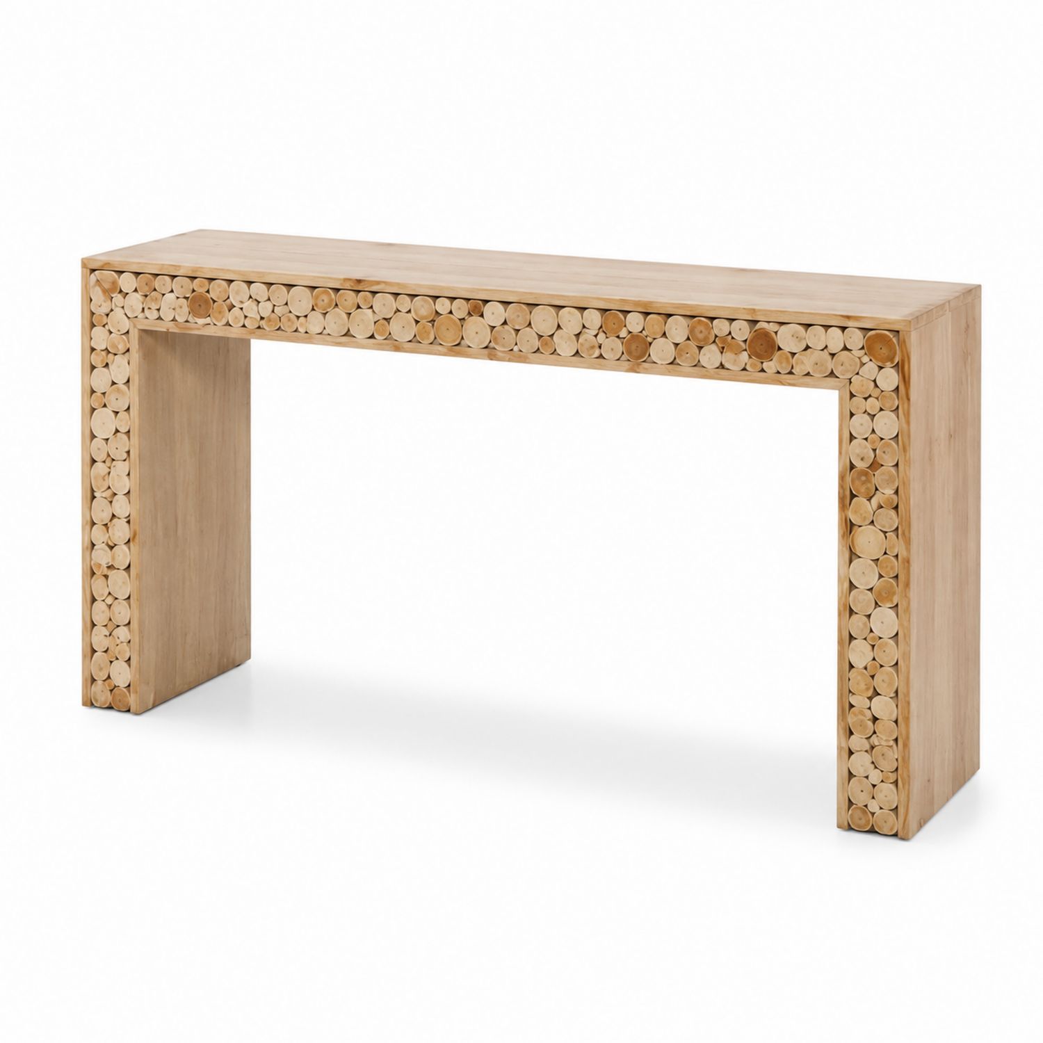 Mesa consola de madera de teca con discos decorativos