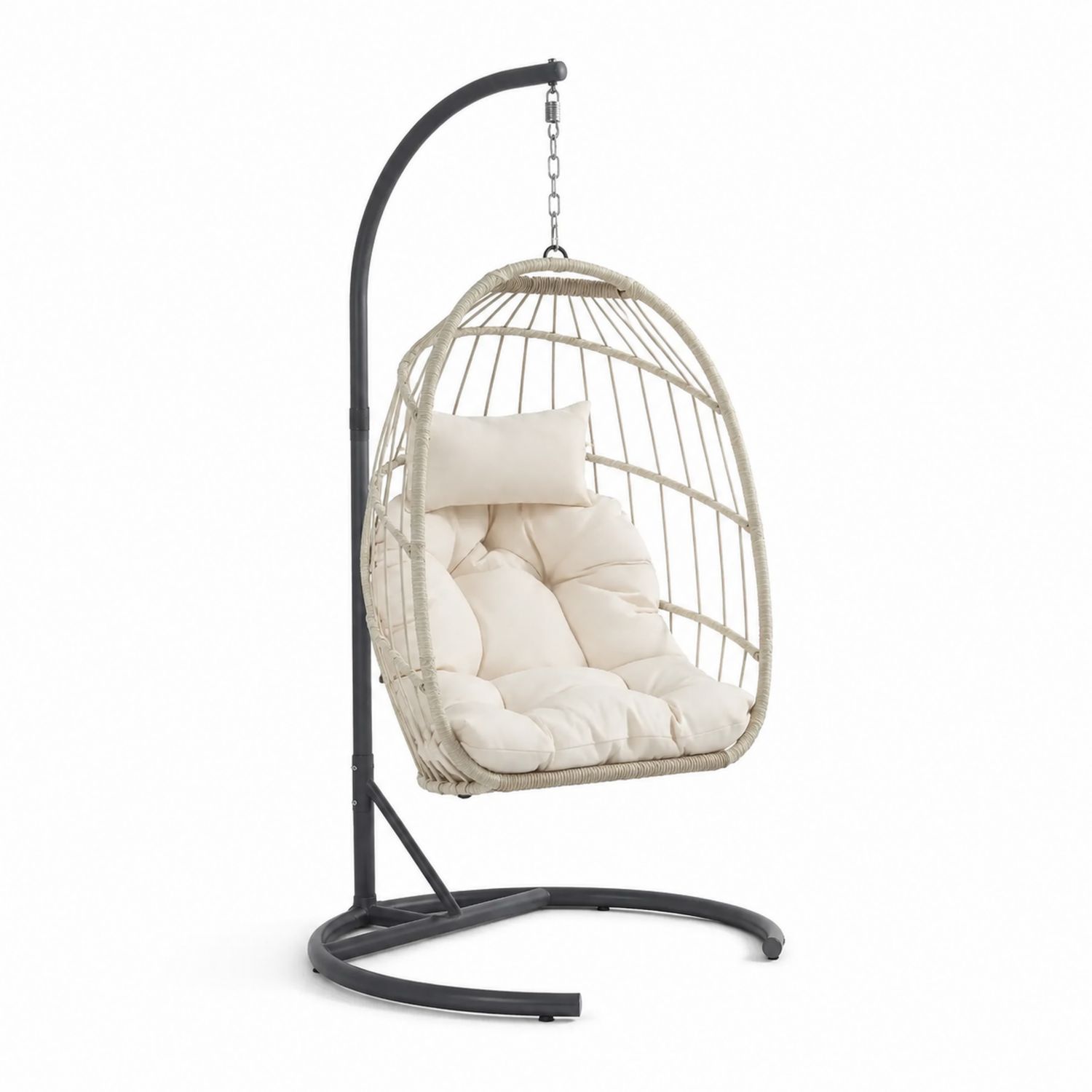 Silla Colgante de Ratán Sintético con Estructura de Acero y Cojines Beige