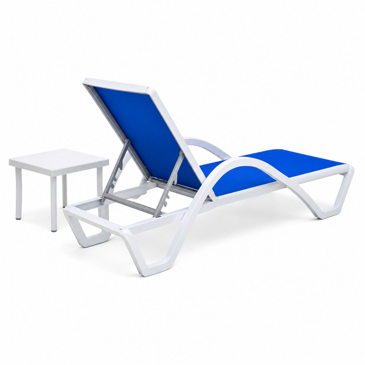 Tumbona de Aluminio con Tela Azul y Mesa Auxiliar