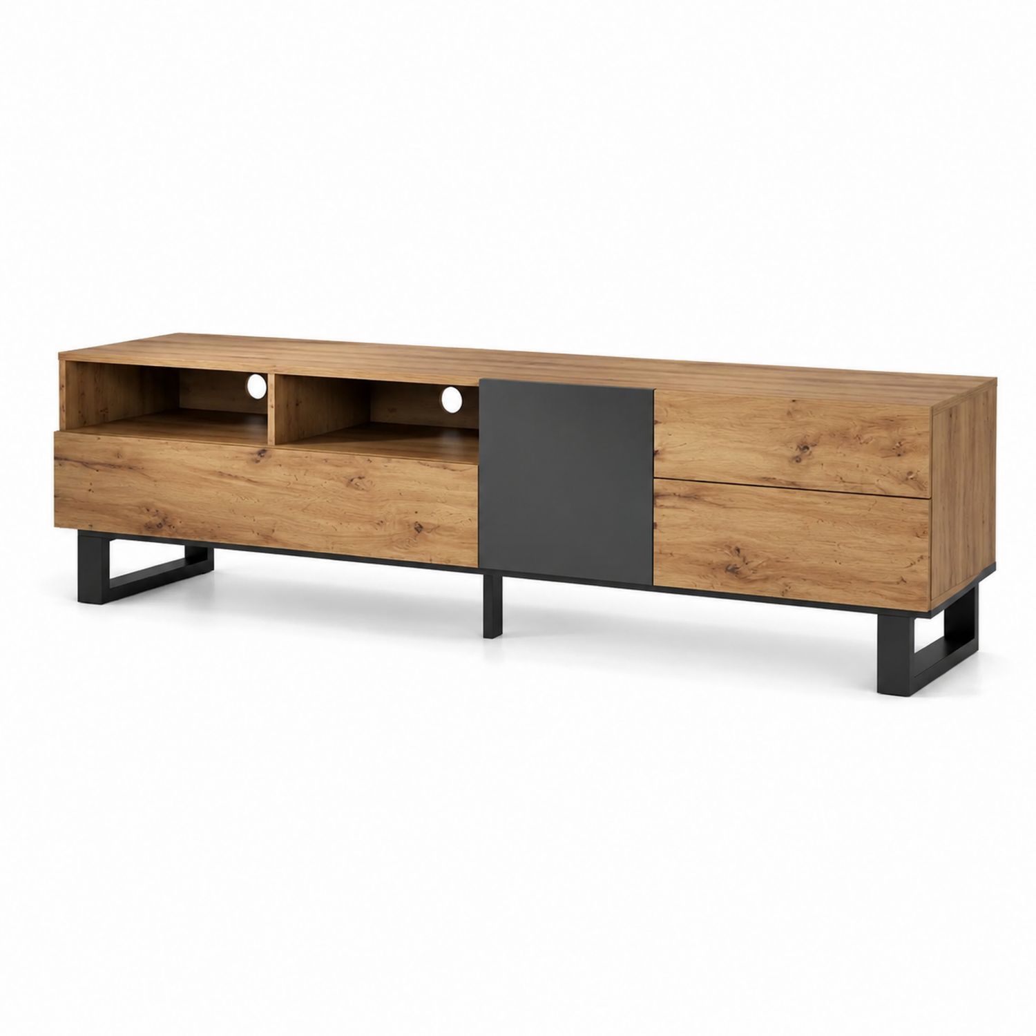 Mueble de TV de MDF con Puertas y Compartimentos 180x40x50cm Roble/Negro