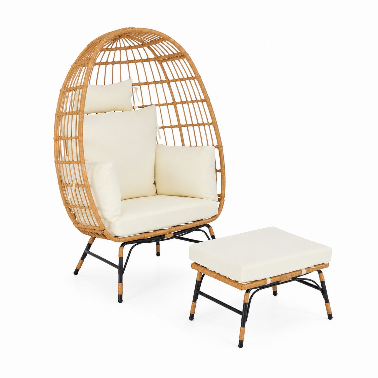 Sillón de ratán con cojines y reposapiés beige