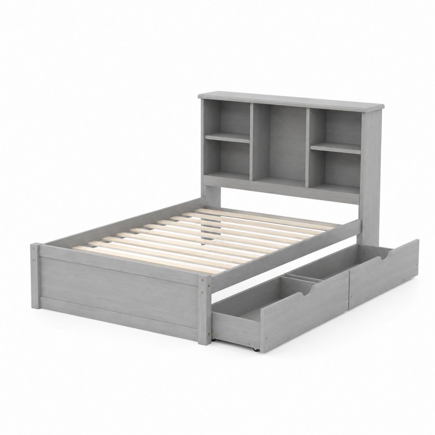 Cama individual de madera con estantería y cajones gris