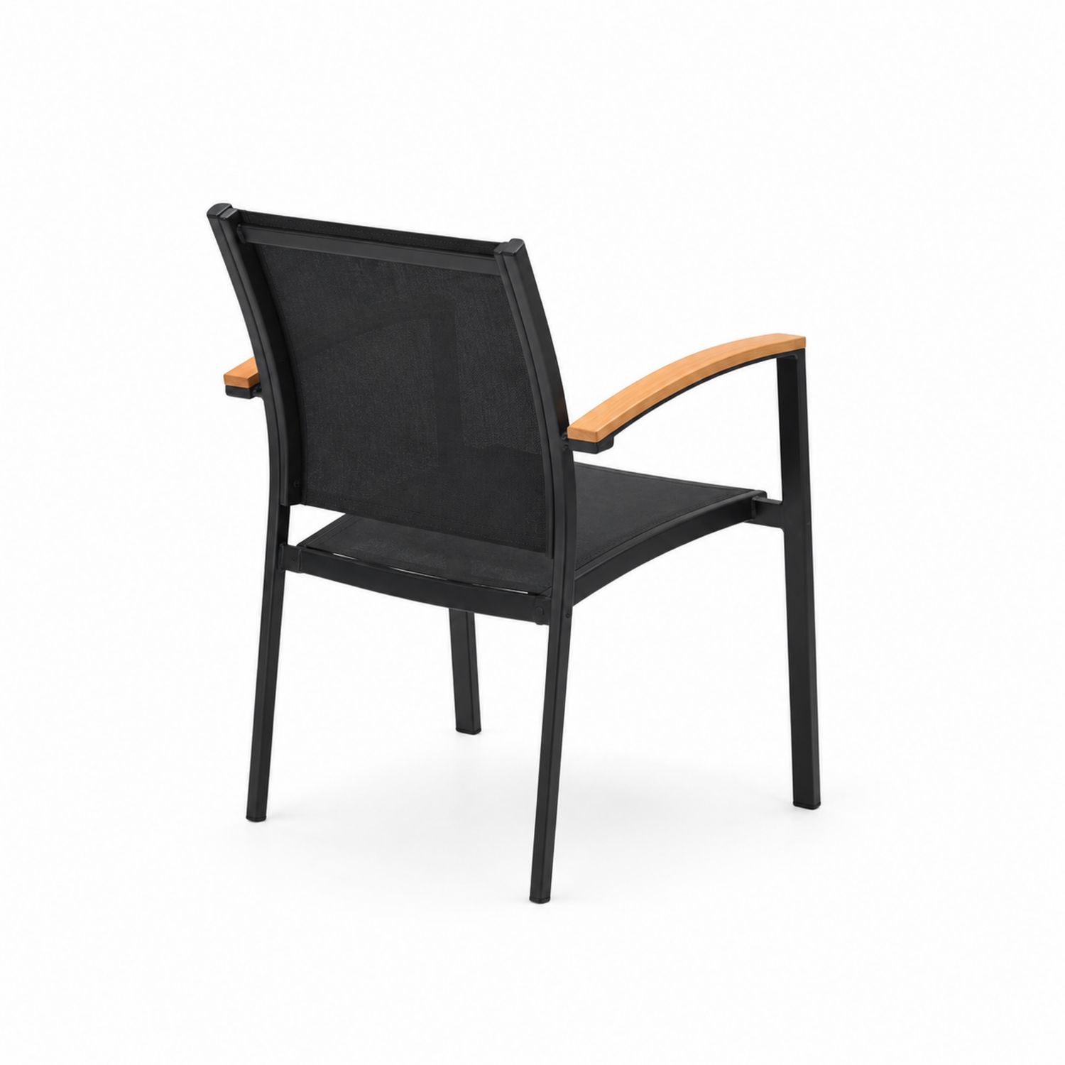 Silla de exterior con estructura de aluminio negro y reposabrazos de madera de teca