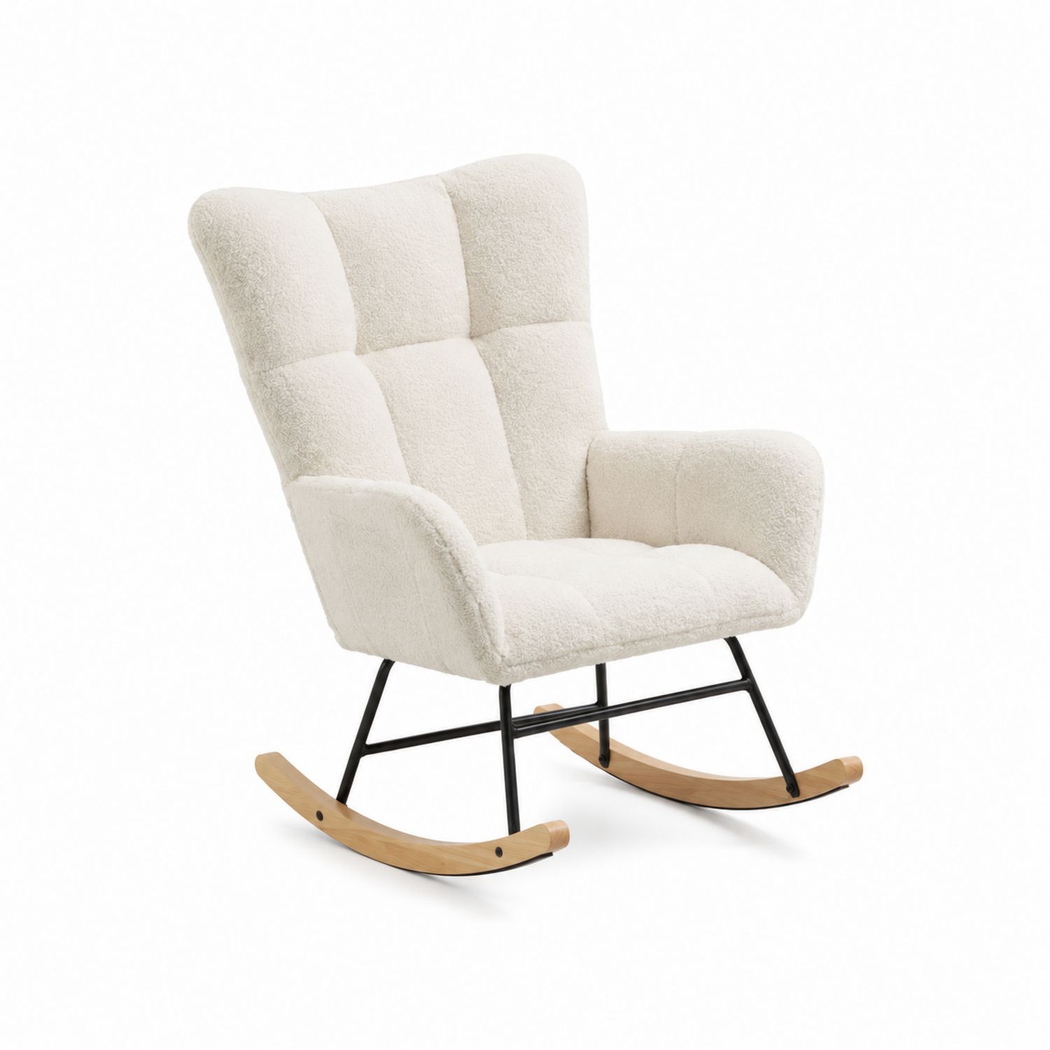 Silla mecedora con tapizado de lana sintética, estructura de metal y madera