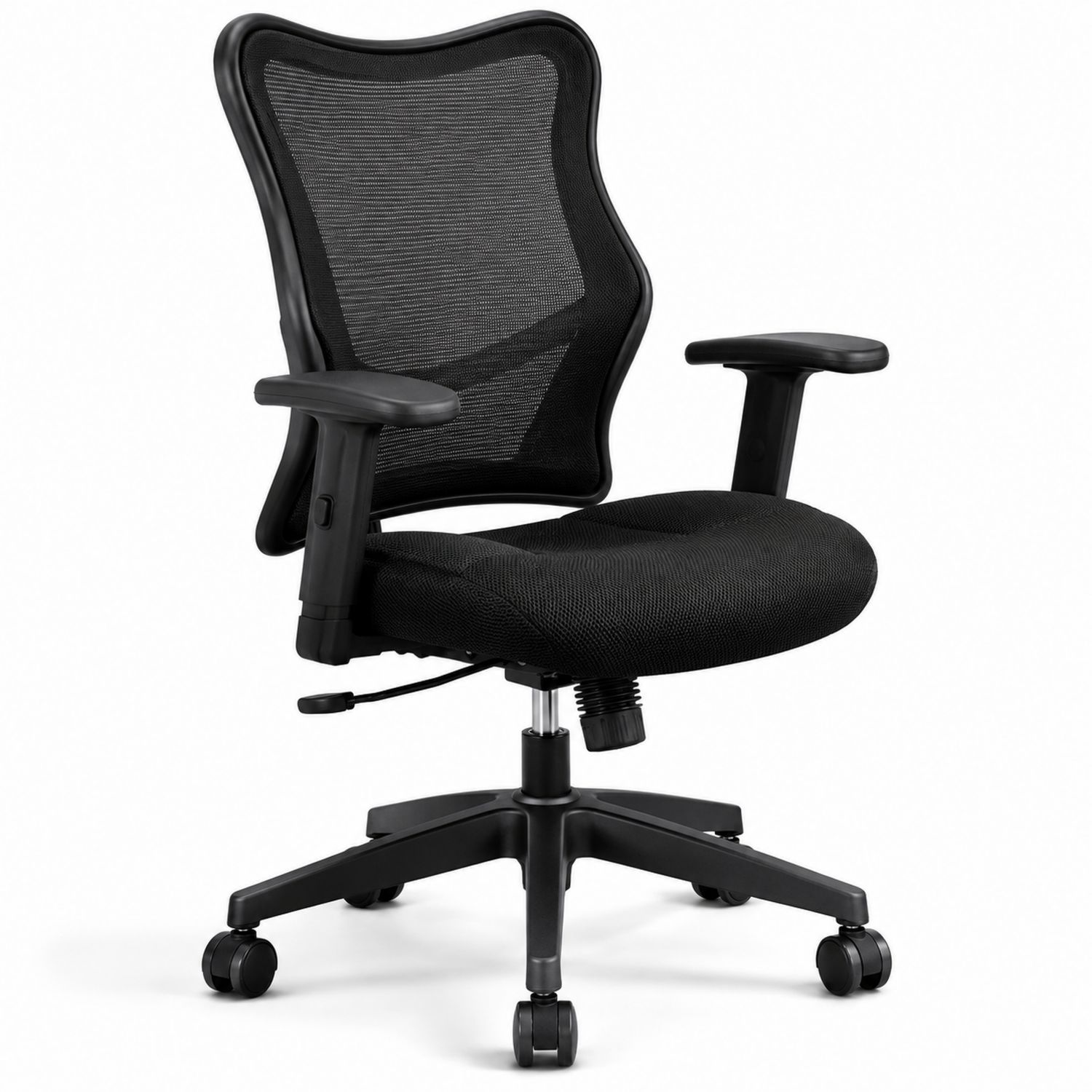 Silla de oficina ergonómica de malla negra con apoyabrazos ajustables