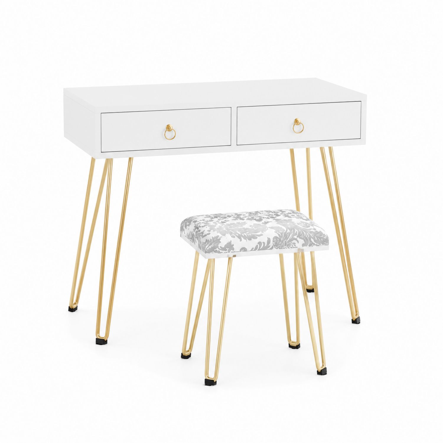 Tocador Blanco y Oro con Taburete