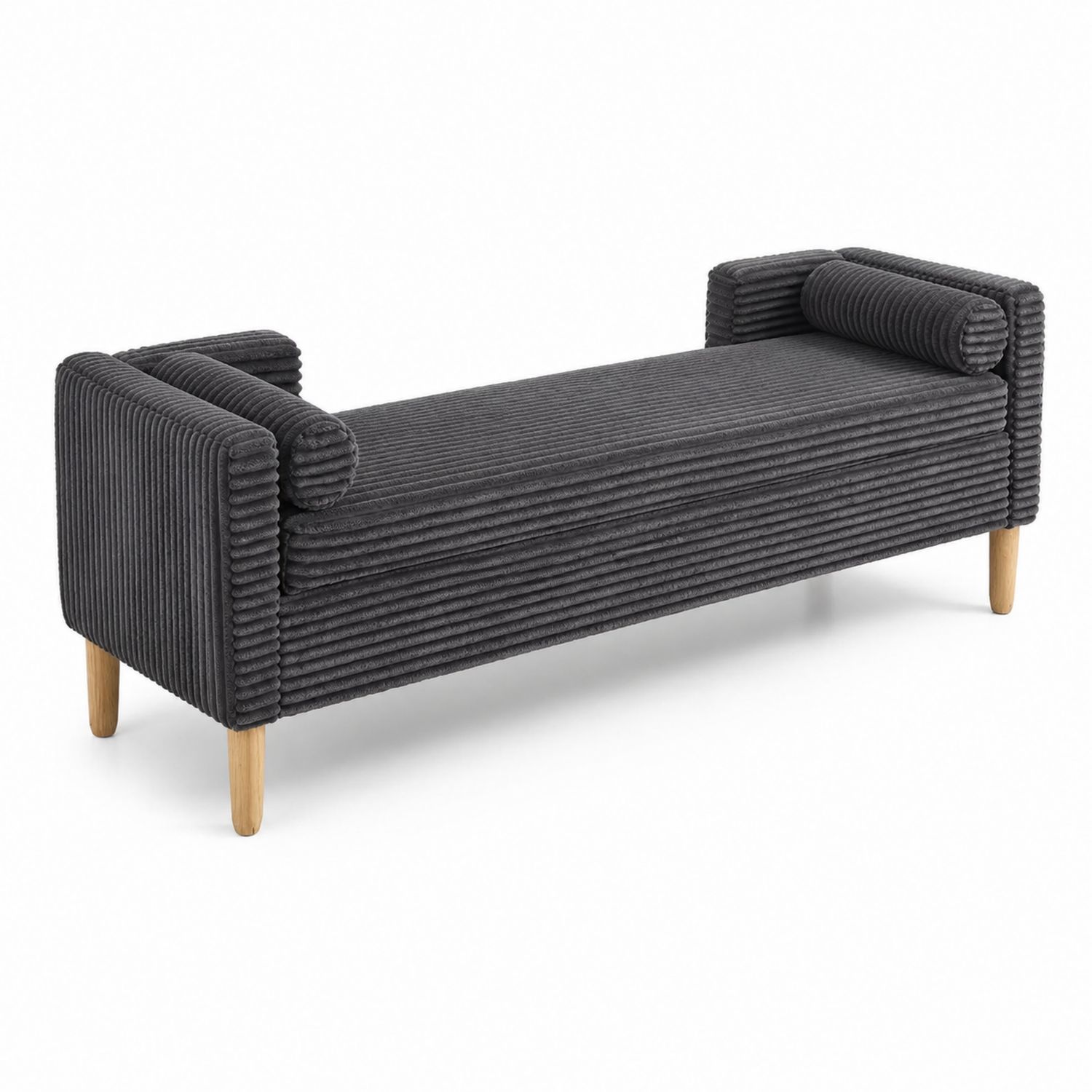 Banco de tela acanalada gris con patas de madera de roble