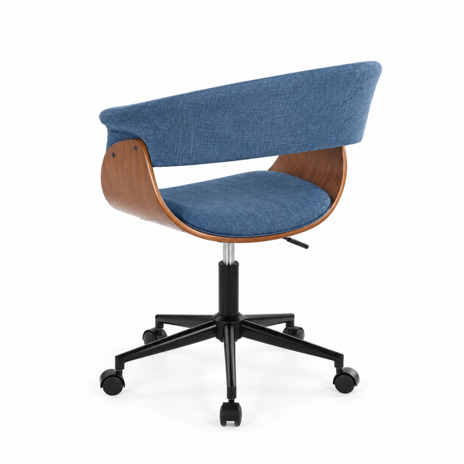 Silla giratoria de oficina ajustable en tela azul y madera