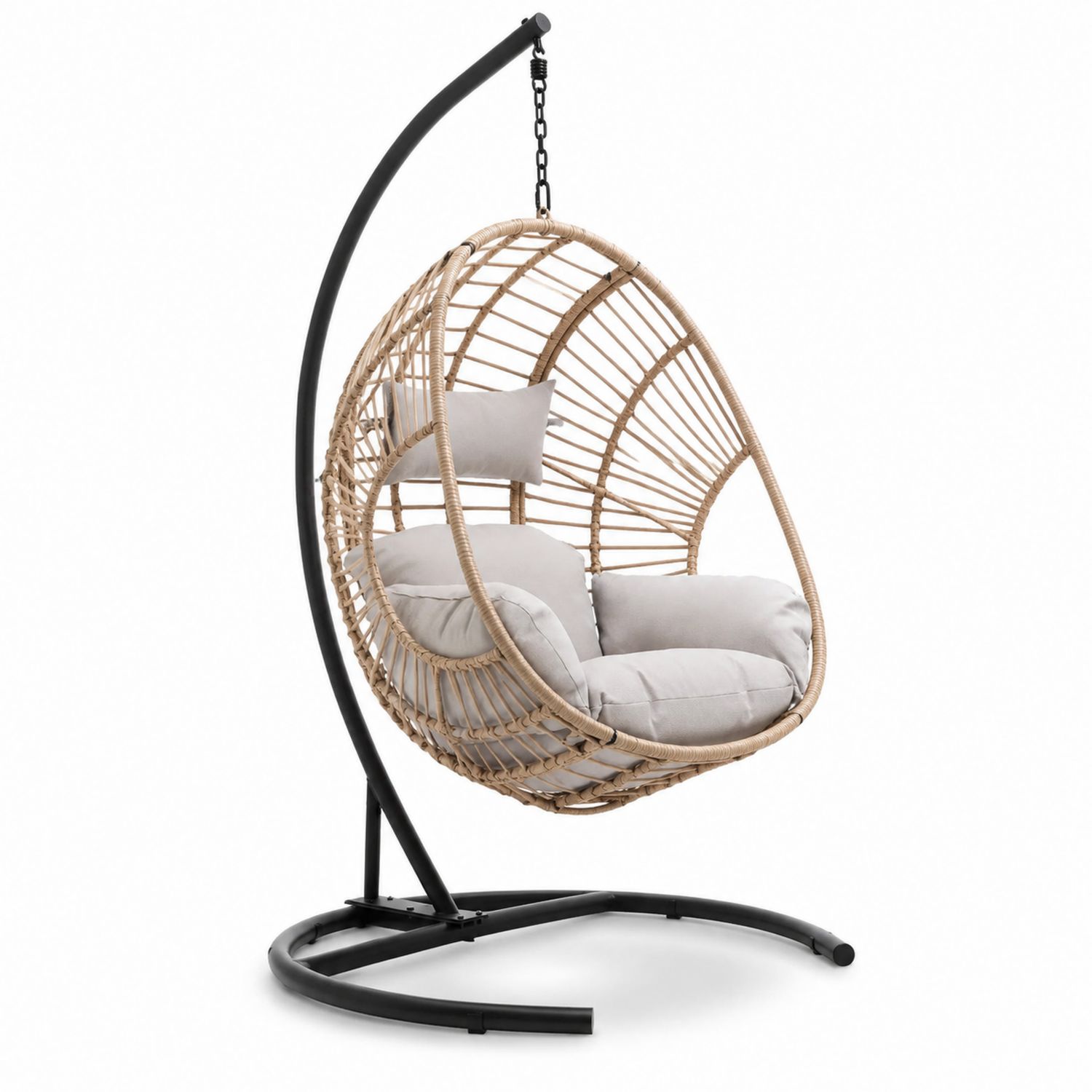 Silla colgante de ratán PE con cojines gris claro