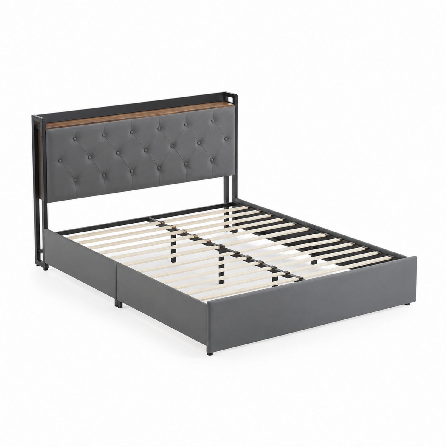 Cama de PU Gris con Cabecero Capitoné y Estructura Metálica 200x160 cm