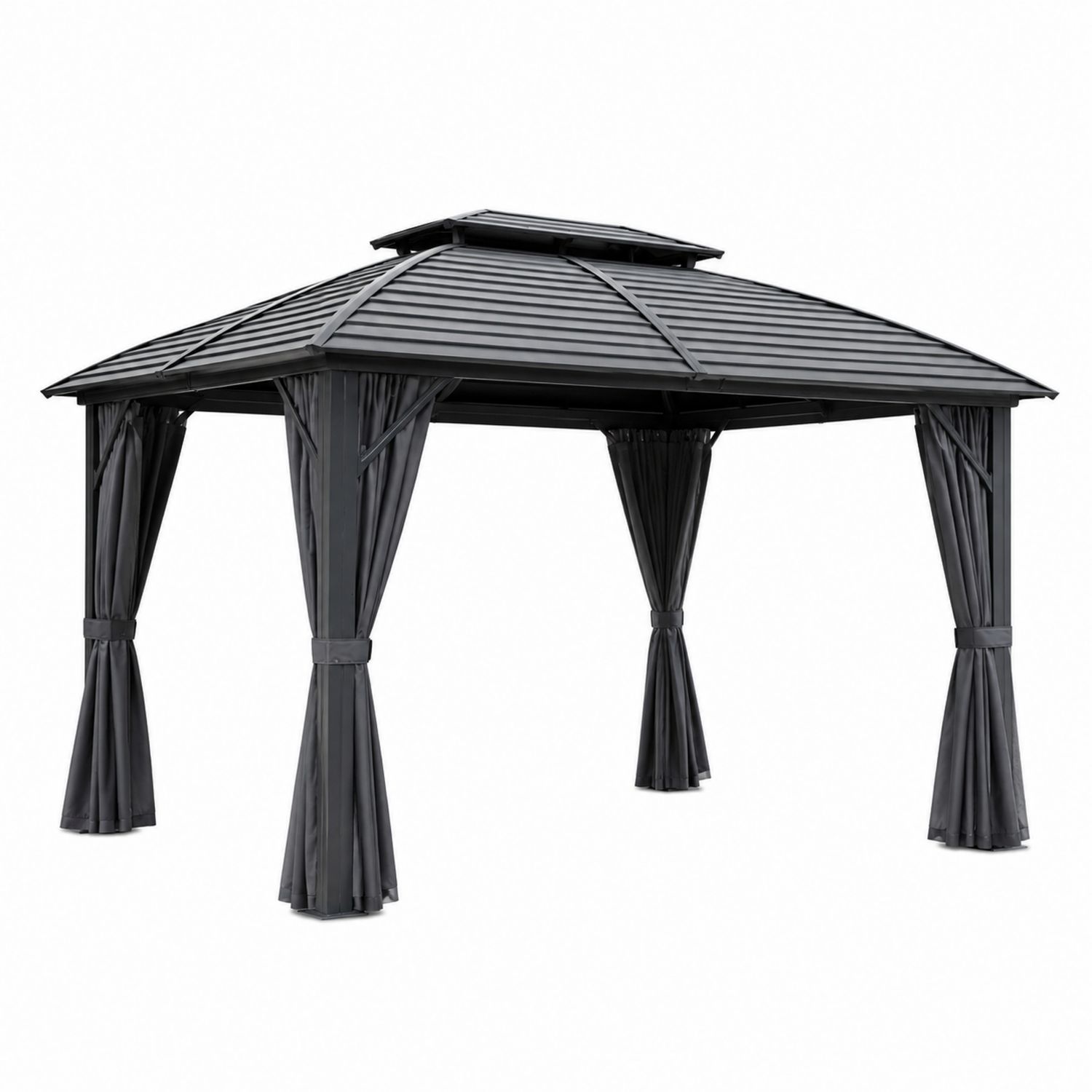 Pérgola de Aluminio para Exterior 3x4m con Techo Metálico y Cortinas de Tela