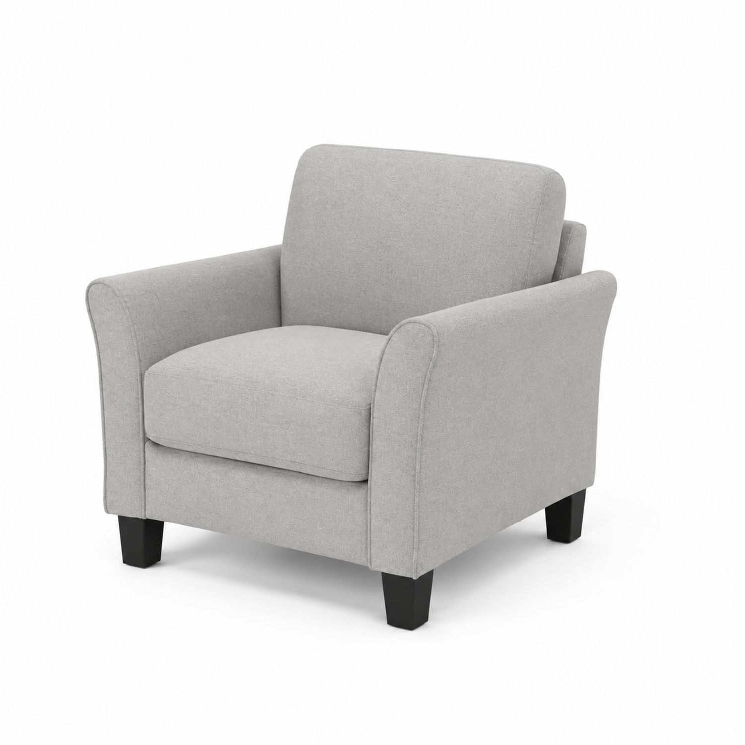 Sofá individual de tela gris con patas de madera