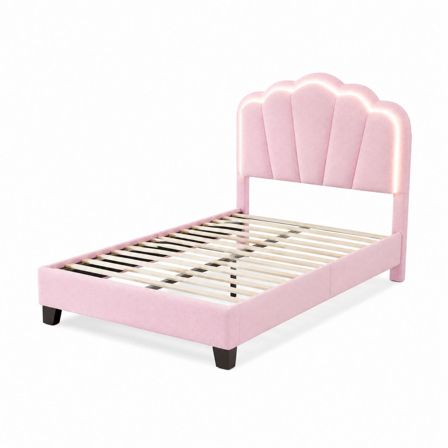 Cama infantil de terciopelo rosa con cabecero LED
