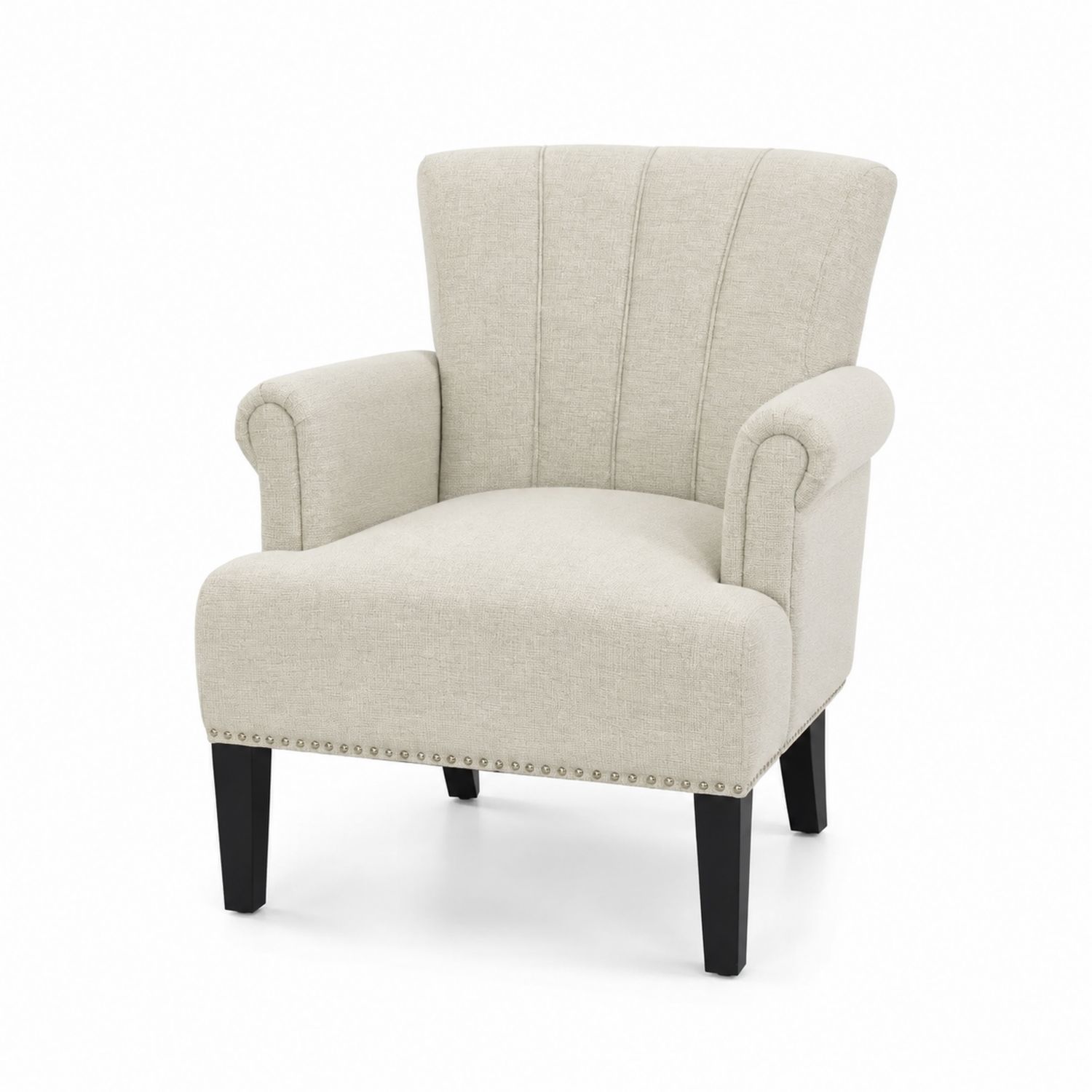 Silla de tela beige con patas de madera
