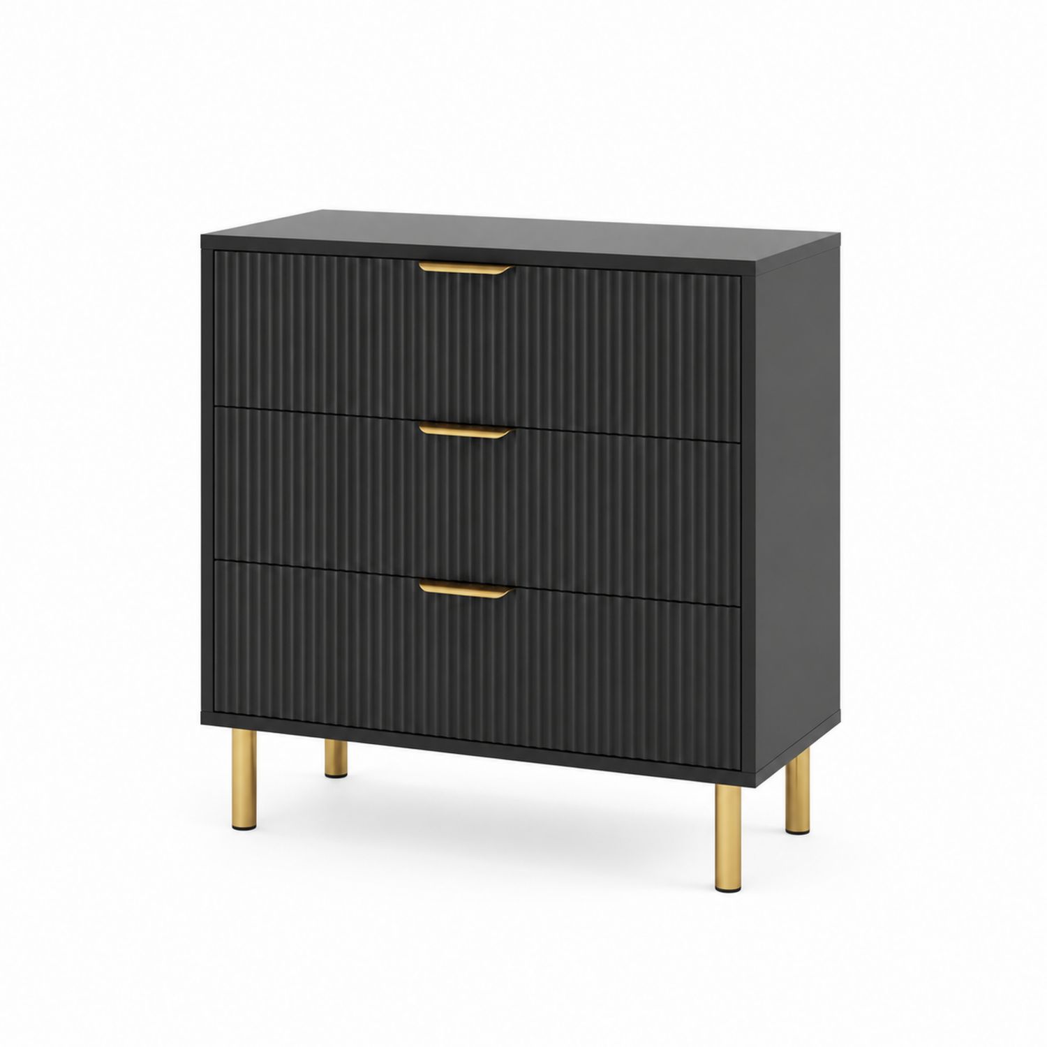 Cómoda de 3 cajones de MDF negro patas de acero doradas
