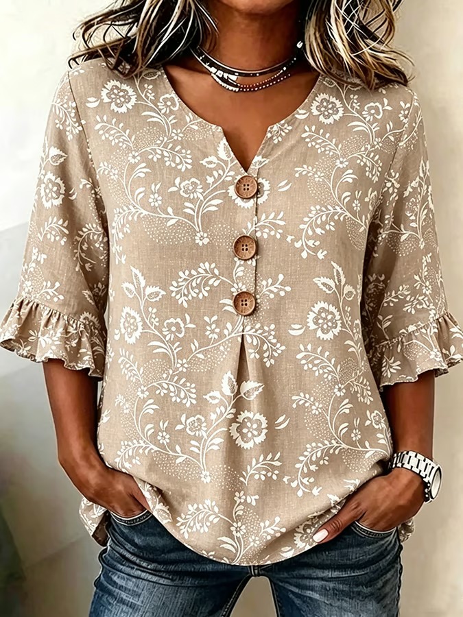 Women's Casual V-Neck Printed Cotton-Linen Top