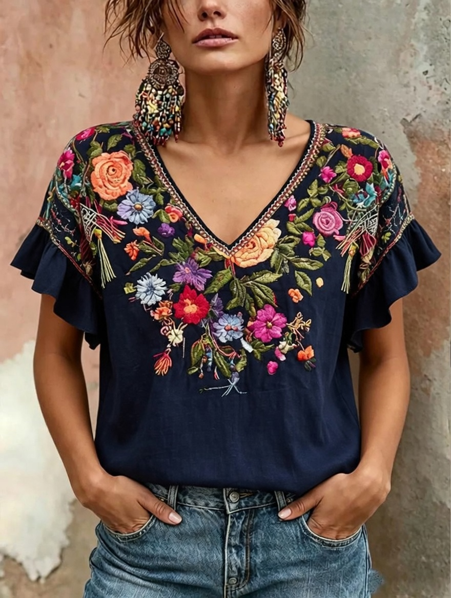 Women's Floral Print linen short-sleeved T-shirt