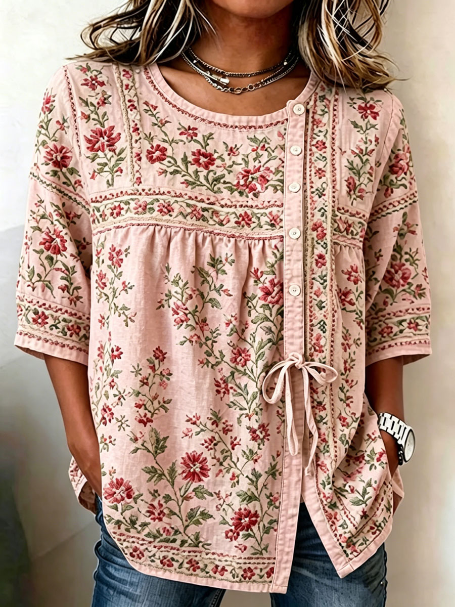 Women'S Casual Print Cotton Linen Print Top