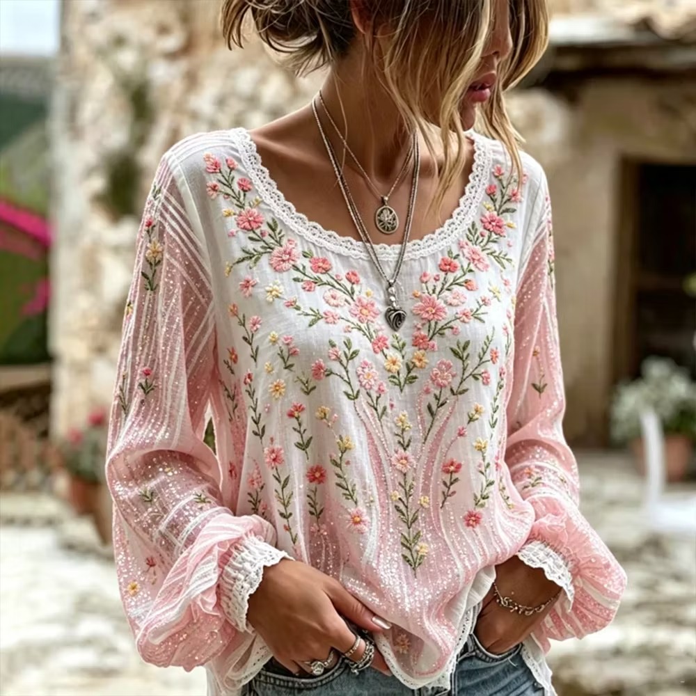 Women's Pink Floral Sequin Art Round Neck Long Sleeved T-Shirt