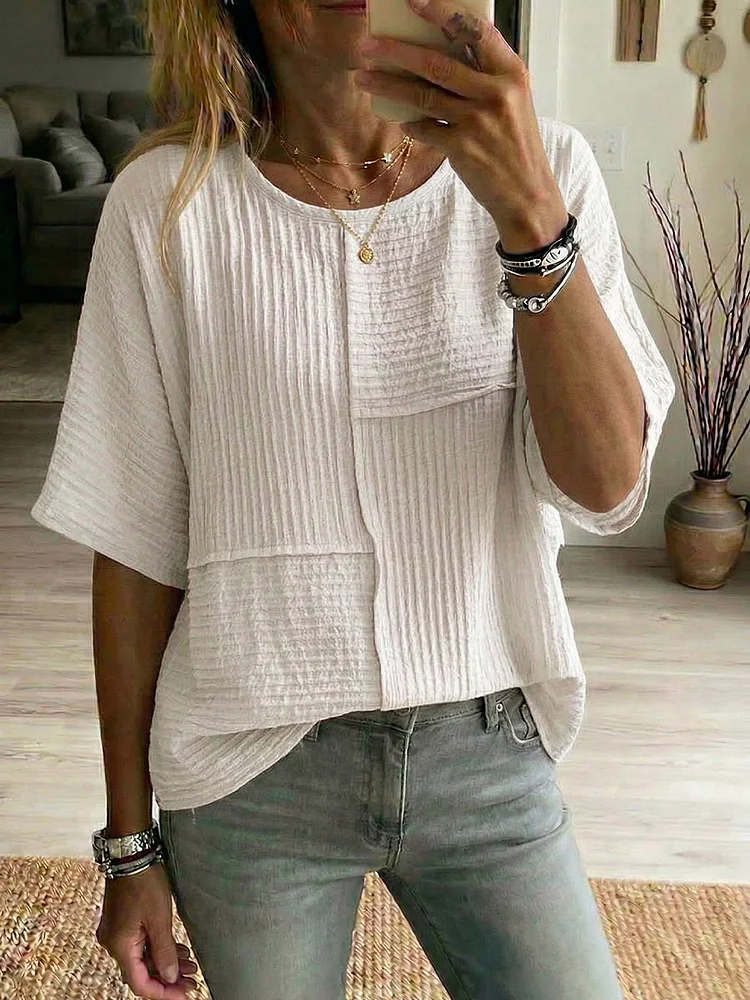 Women'S Casual Daily Special Texture Fabric Splicing Cotton And Linen Half Sleeved Top